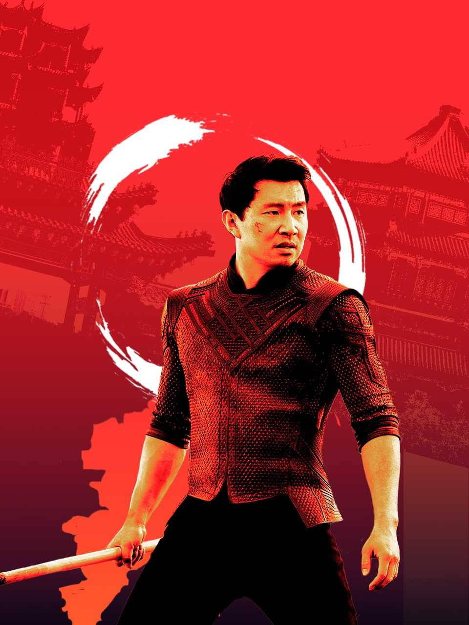 尚氣傳統紅色海報 壁紙 — 一位身穿紅色盔甲的武術家手持長棍，在帶有傳統亞洲建築和白色圓形圖案的醒目紅色背景前準備就緒。