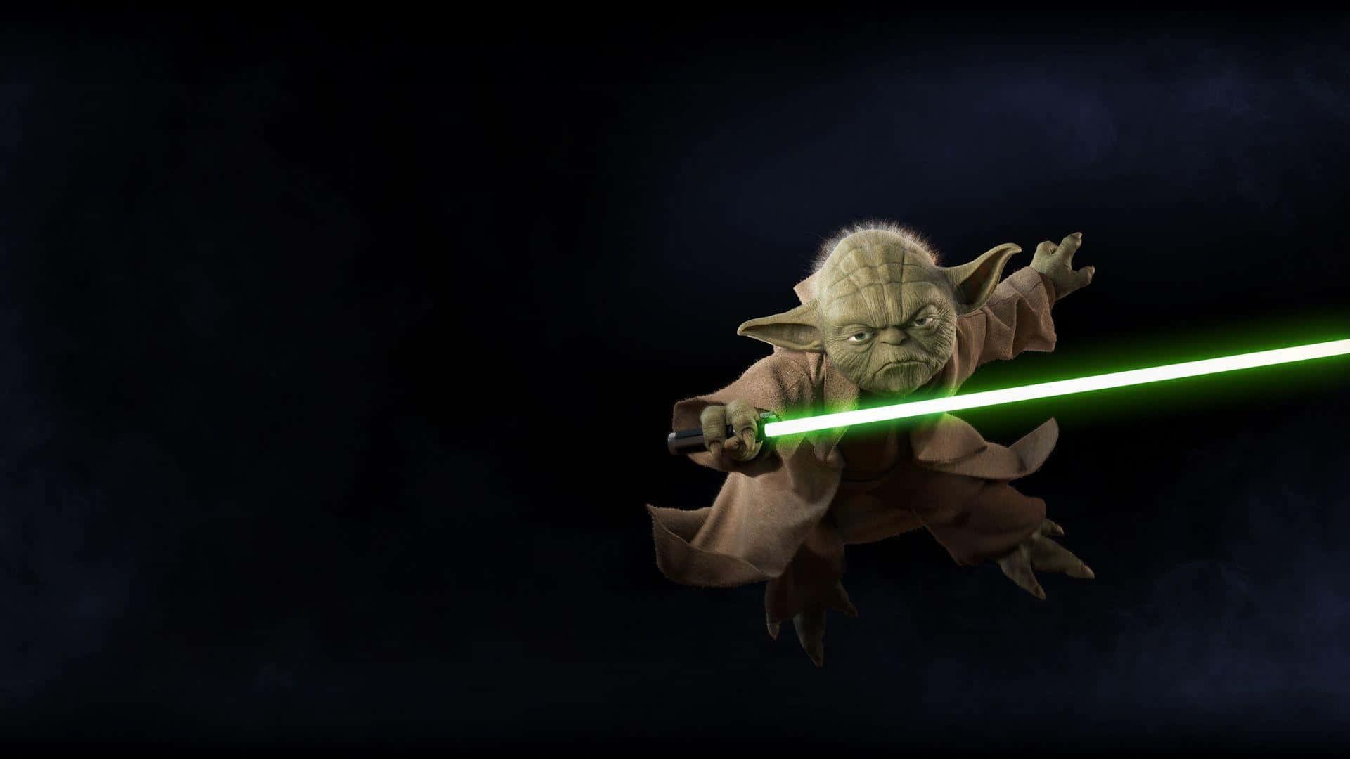 Yoda 桌布 壁紙 — 尤達在黑暗中漂浮，專注地揮舞著發光的綠色光劍。