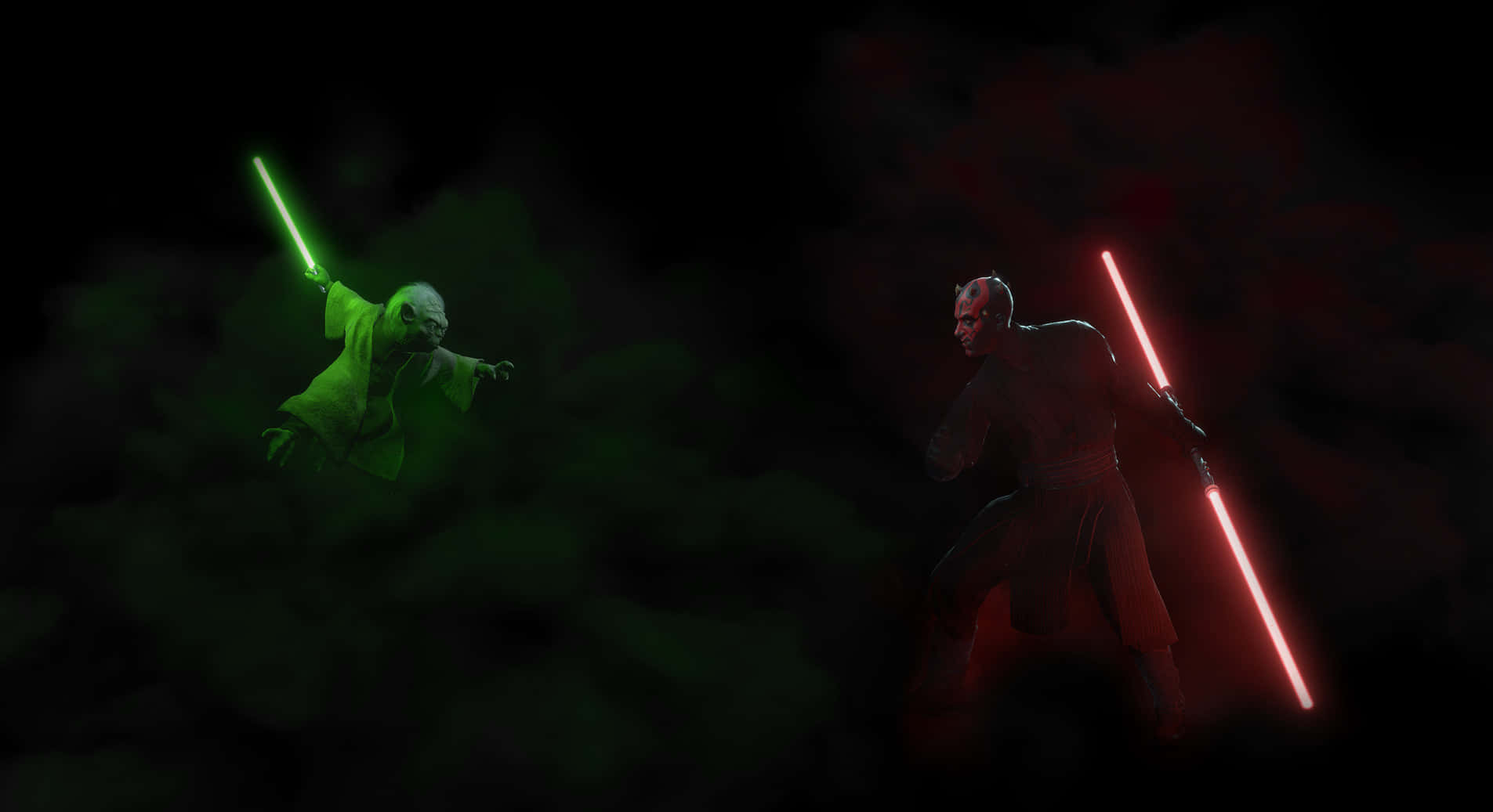 Lightsaber Duel 桌布 壁紙 — 尤達與達斯摩爾在黑暗煙霧瀰漫的虛空中，以發光的綠色和紅色光劍決鬥。