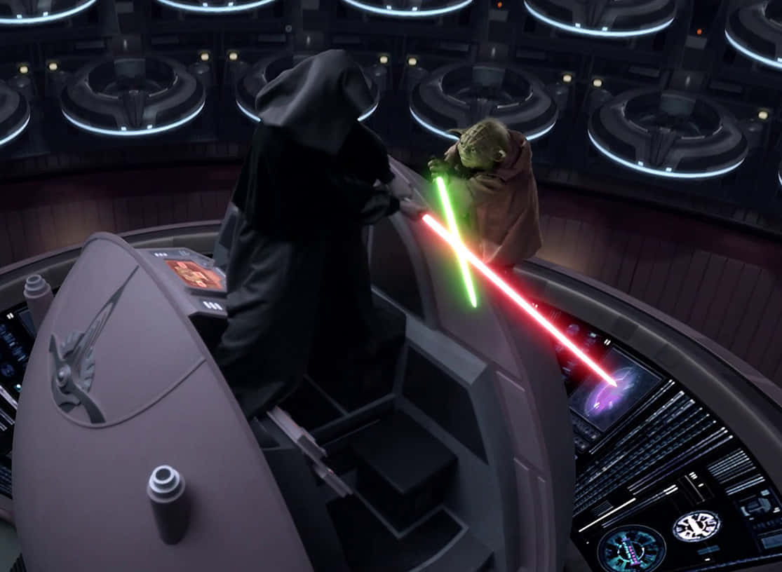 Lightsaber Duel 桌布 壁紙 — 尤達與達斯維達在高科技太空船駕駛艙中，以發光的綠色和紅色光劍決鬥。