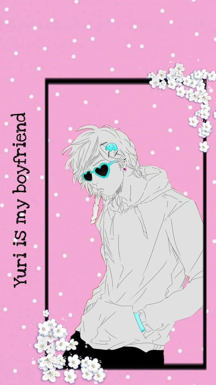 動漫男孩戴心形太陽眼鏡，櫻花環繞，粉紅色背景，附文字。