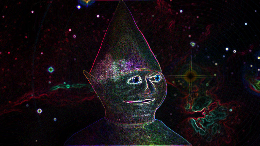 一個發光的外星人形象，戴著尖頂帽子，背景是色彩繽紛的宇宙星雲。