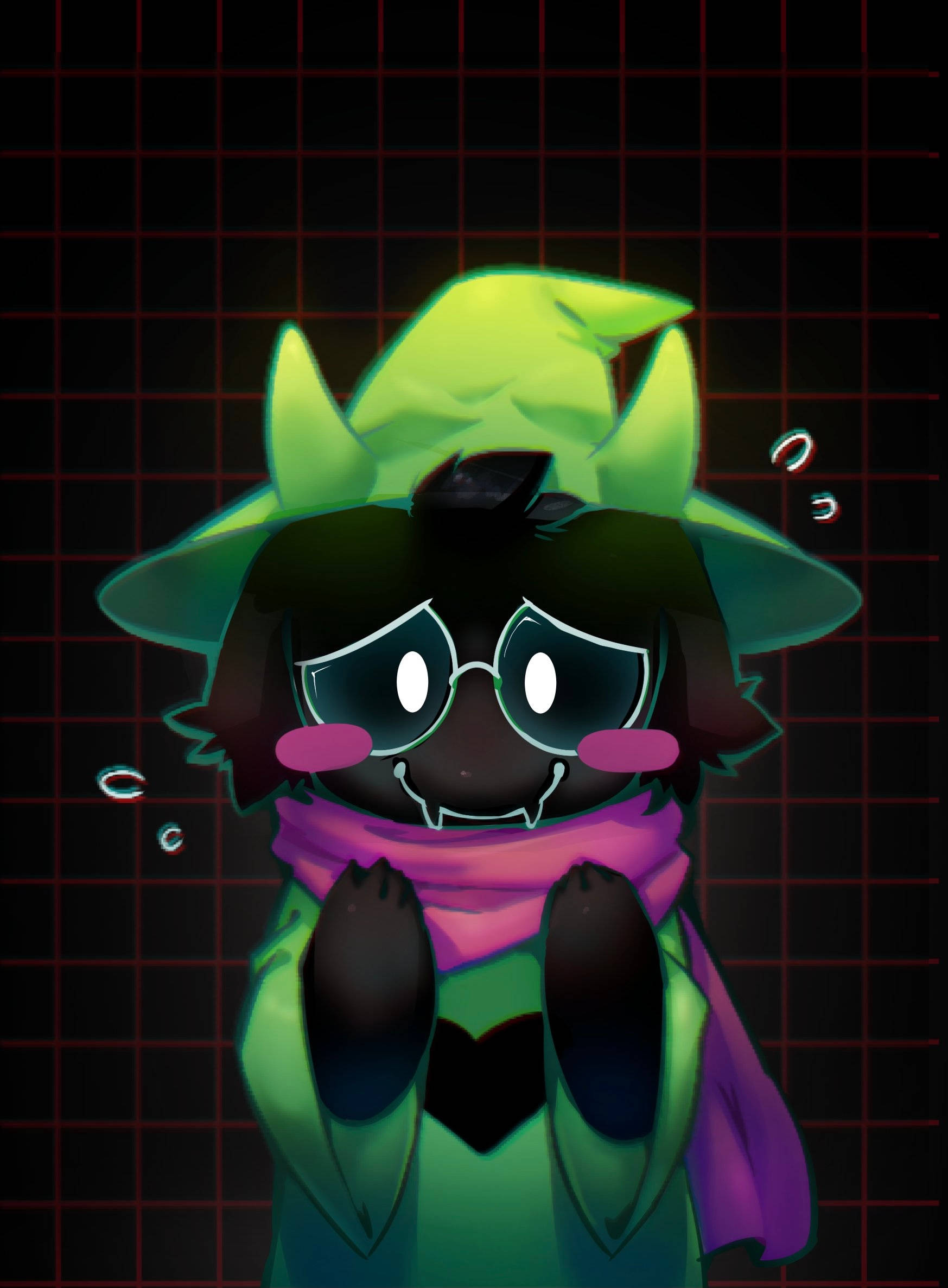 尷尬的 Ralsei 壁紙 — 一個可愛的Q版女巫，戴著發光的綠色帽子和粉紅色圍巾，站在深紅色網格背景前。