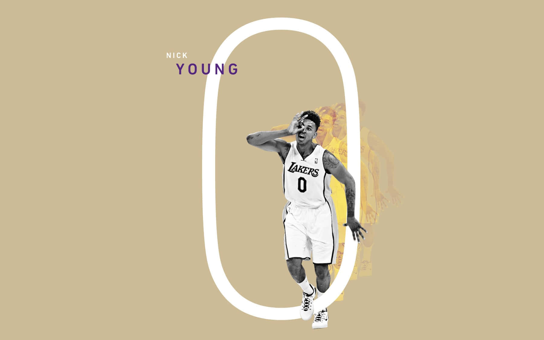 Nick Young身穿湖人隊零號球衣在白色橢圓內擺姿勢。