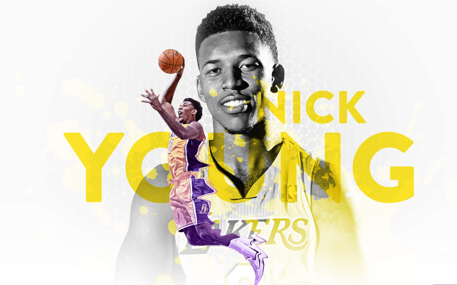 身穿湖人球衣的Nick Young在半空中灌籃，配以粗體黃色文字。