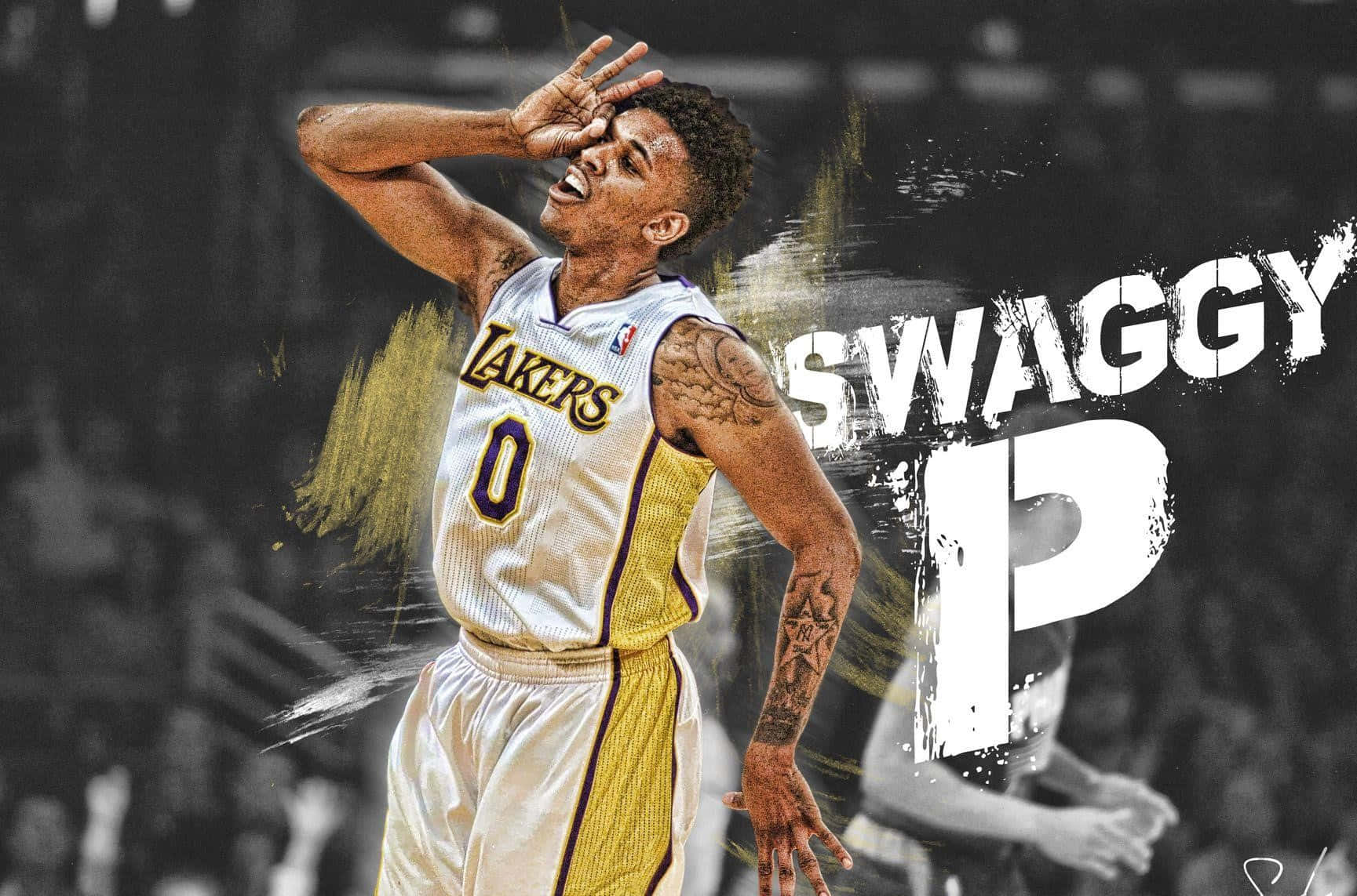 身穿湖人隊球衣的籃球運動員將手放在額頭上慶祝，並帶有「SWAGGY P」文字。