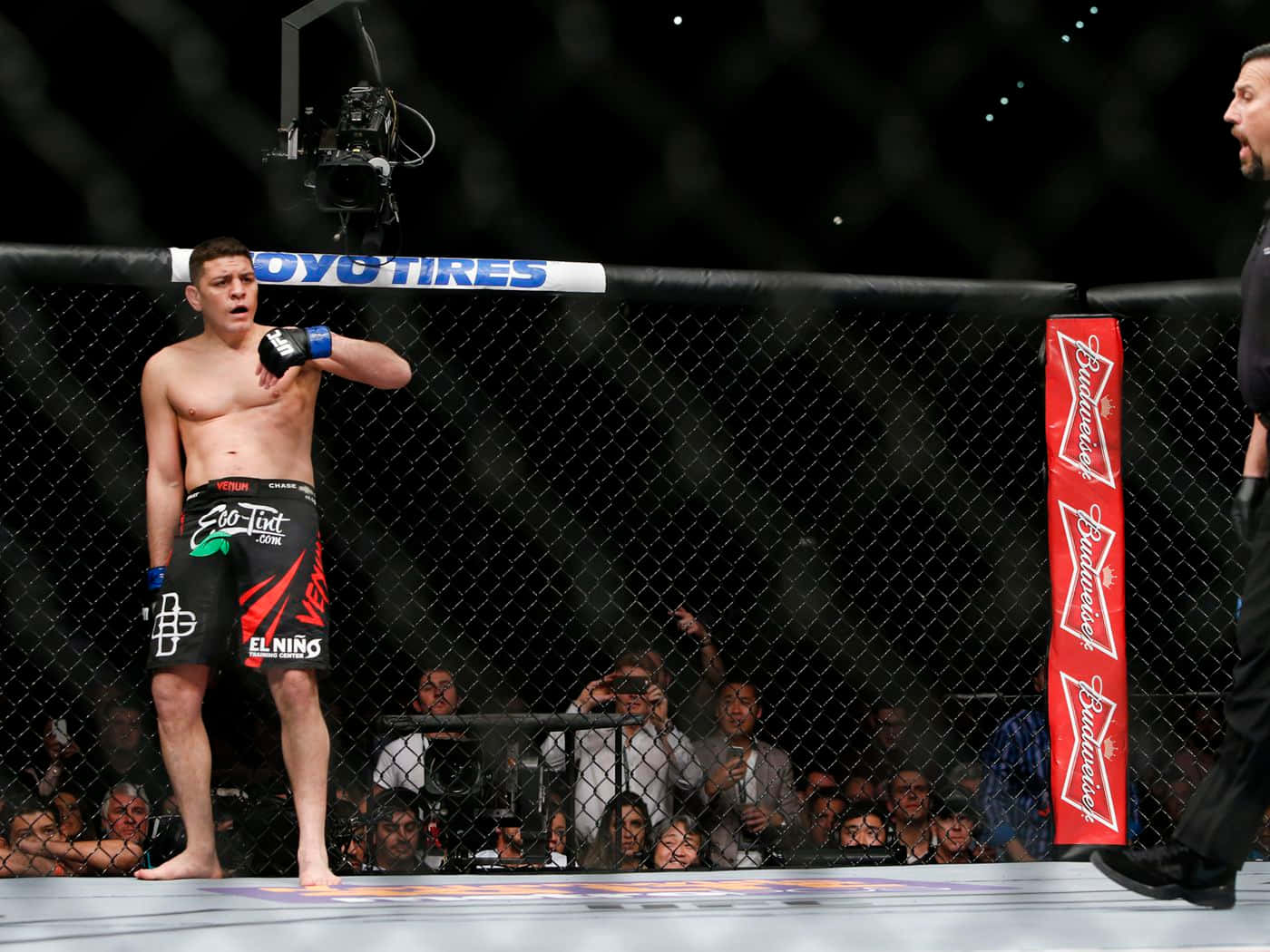 比賽中籠內的MMA拳手，有裁判和觀眾。