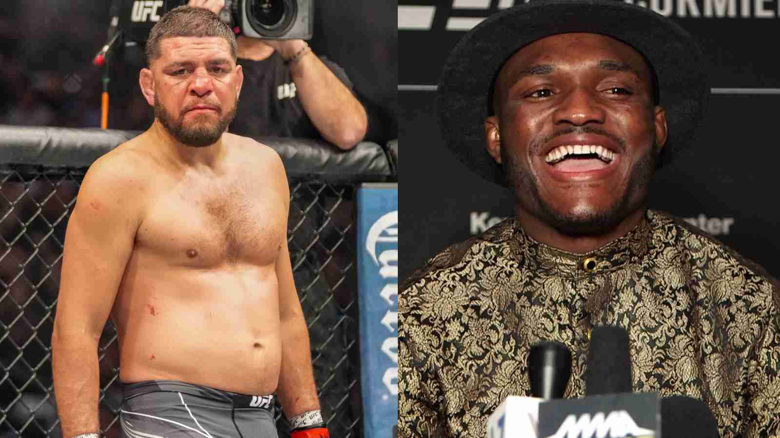 兩名男性MMA拳手，一名在八角籠中，另一名在記者會上微笑。