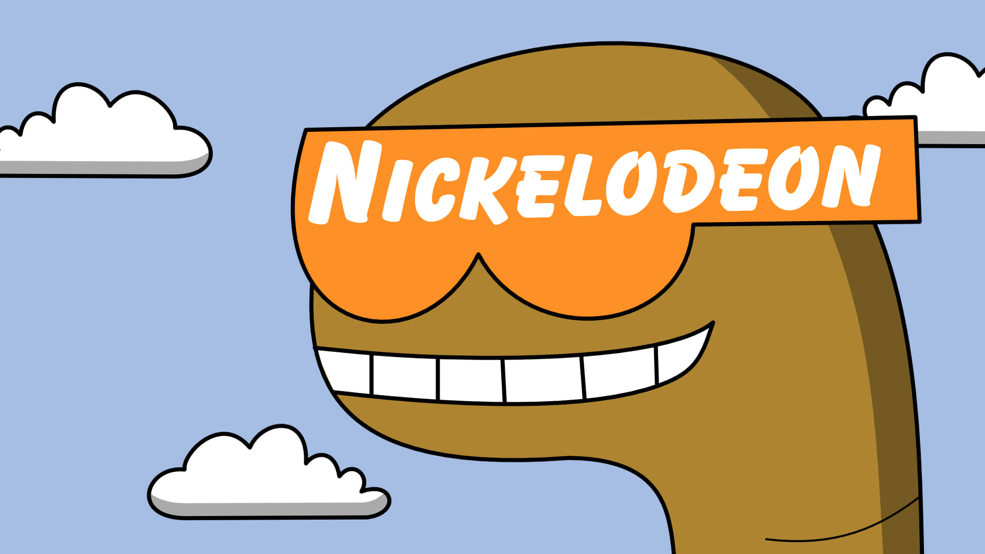 卡通角色戴著橙色太陽眼鏡微笑，展示nickelodeon標誌。