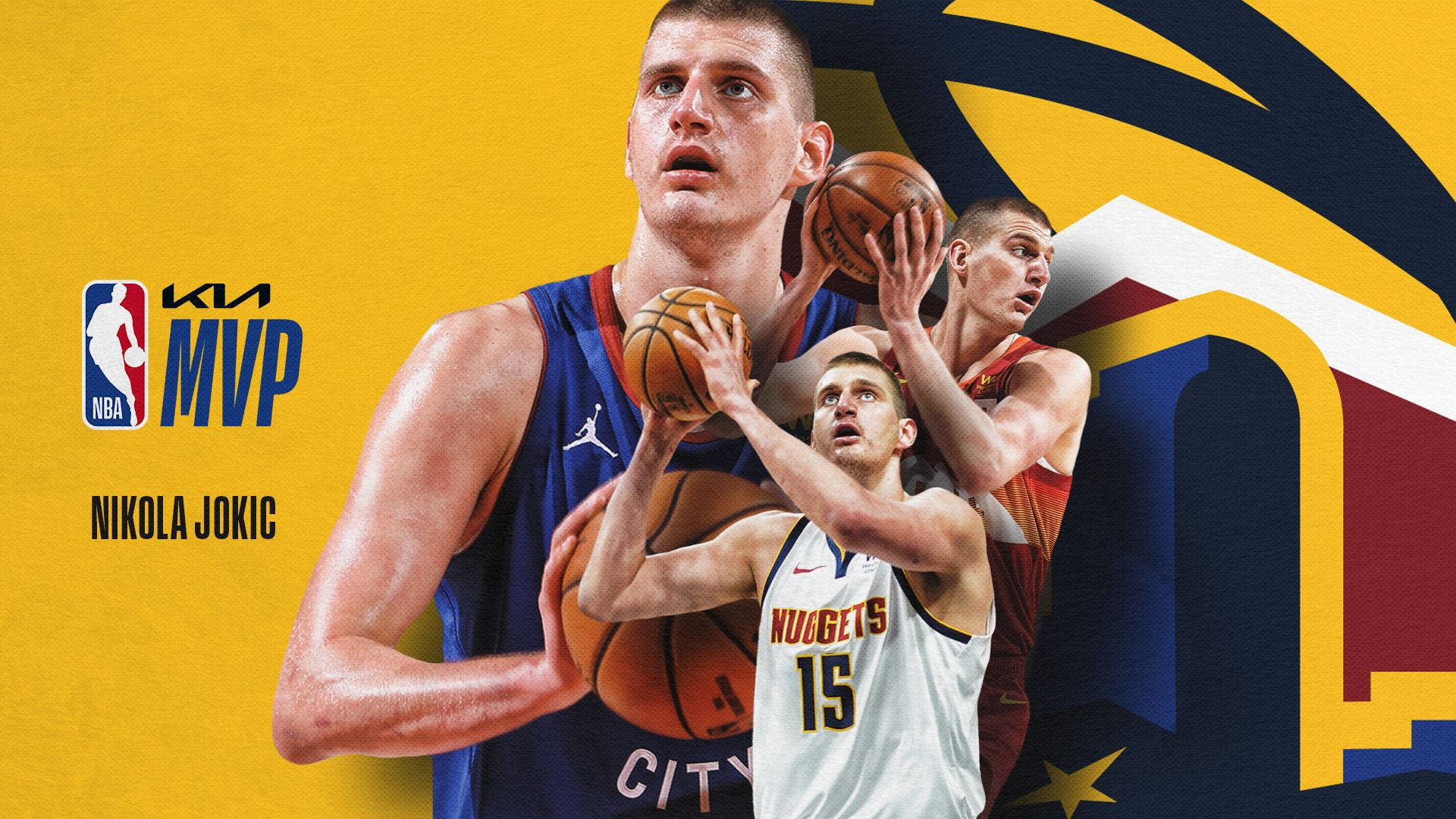尼古拉·約基奇在NBA MVP宣傳籃球圖像中，穿著球隊球衣並擺出動感姿勢。