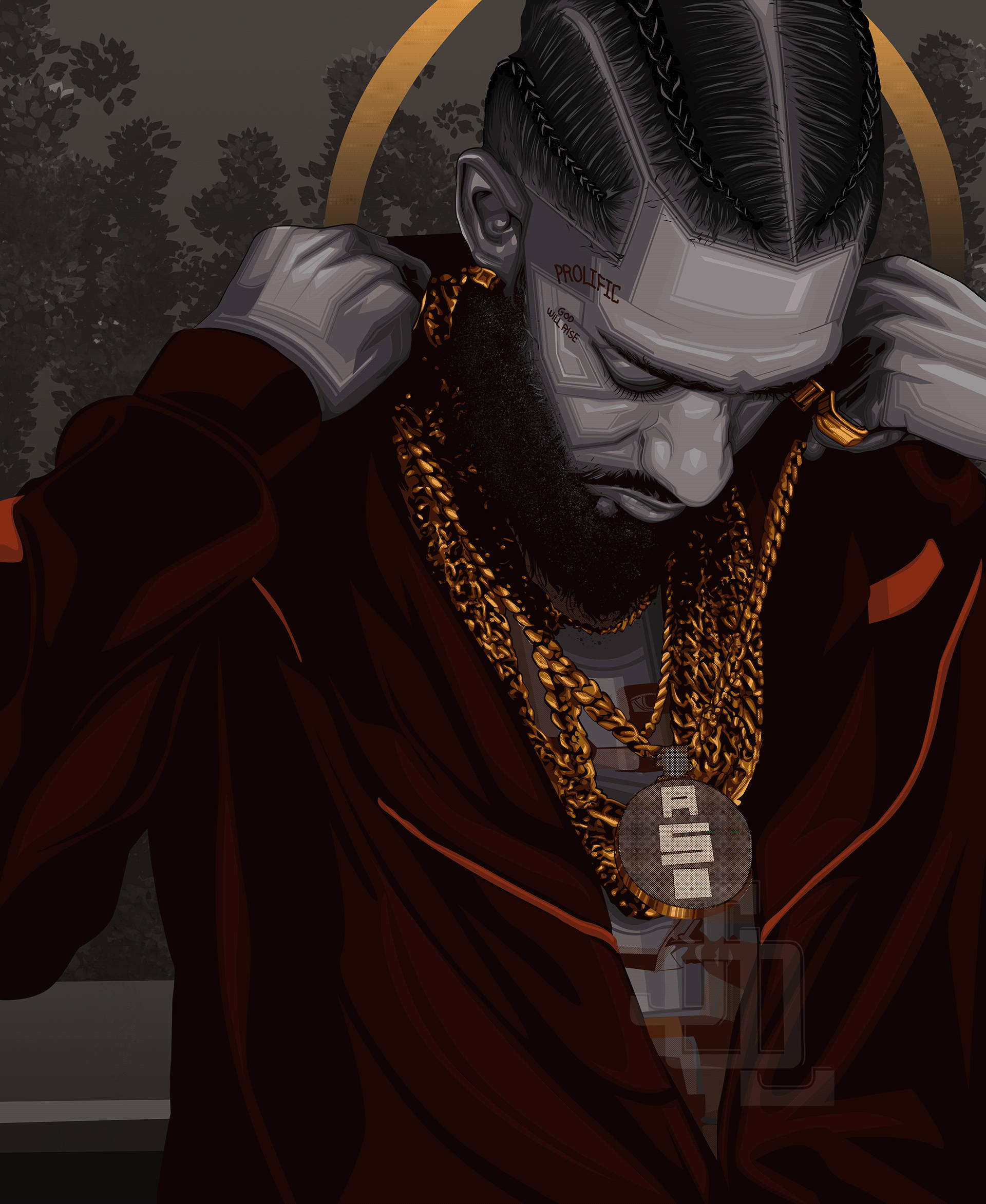 尼普西·Hussle 身穿藍色夾克 壁紙 — 一個風格化的數位肖像，描繪一名辮髮男子戴著金鏈，在黑暗森林背景下調整耳機。