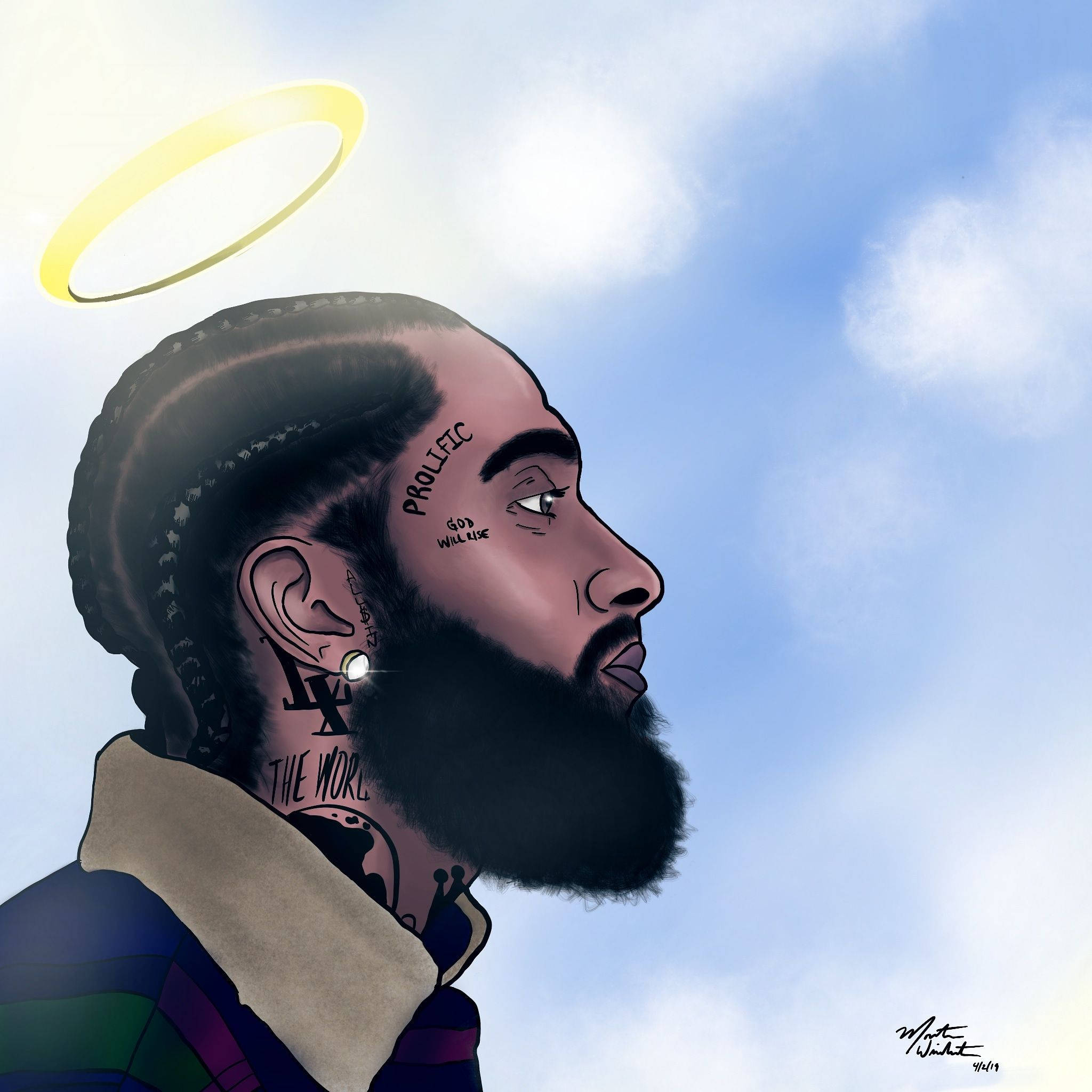 尼普西·Hussle藝術插畫 壁紙 — 一個風格化的數碼肖像，描繪一個留鬍子的男人，帶有光環和紋身，背景是陰天。