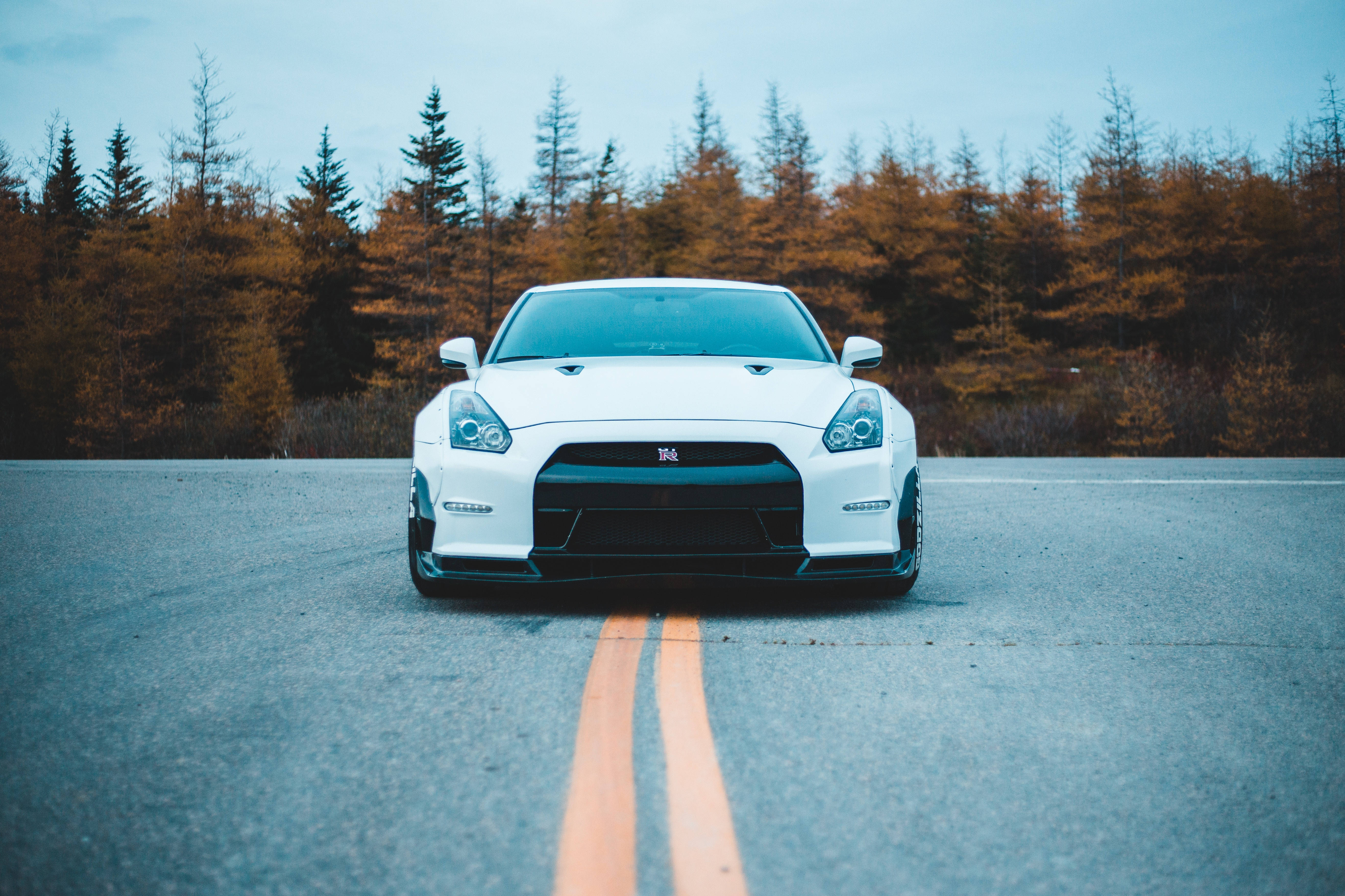 尼桑GT-R 碳纖維前保桿 壁紙 — 一輛白色跑車在陰天背景下，面向道路前方，背景有秋天的樹木。