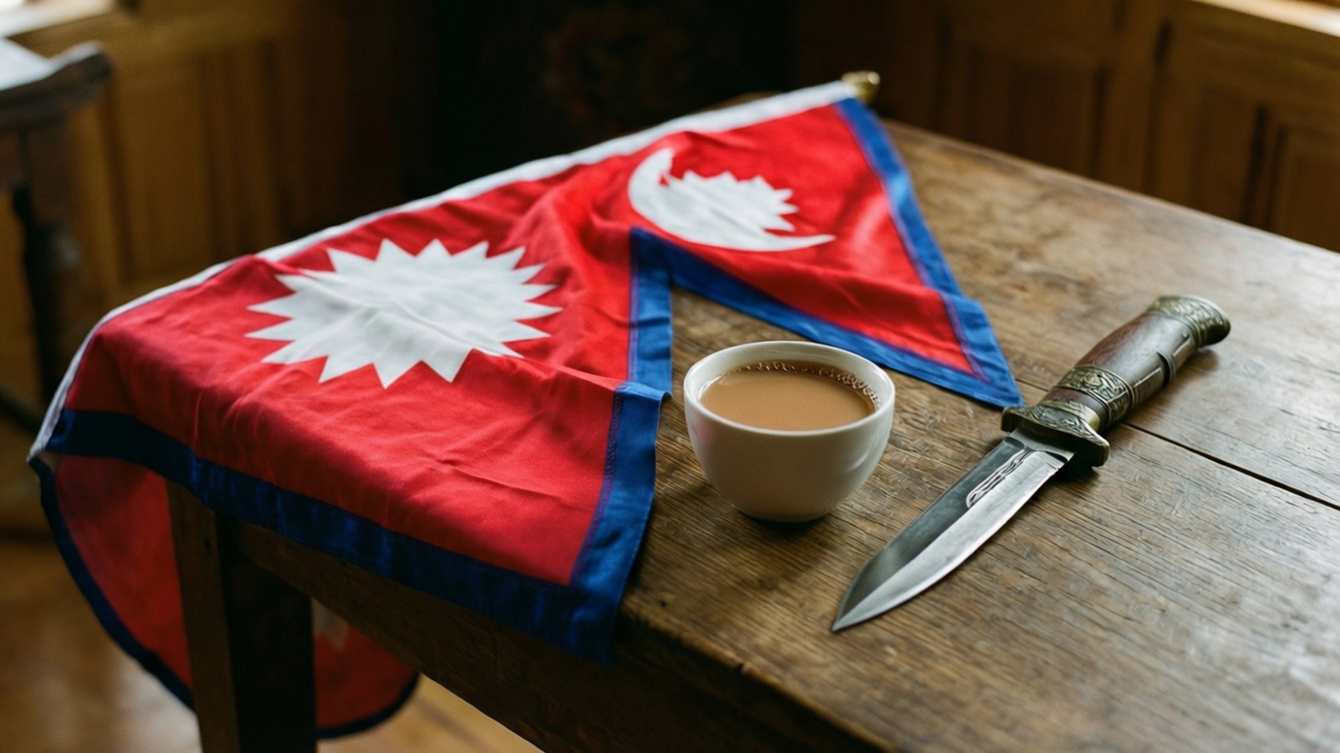 尼泊爾靜物 壁紙 — 一面尼泊爾國旗披在木桌上，旁邊有一杯茶和一把傳統刀。