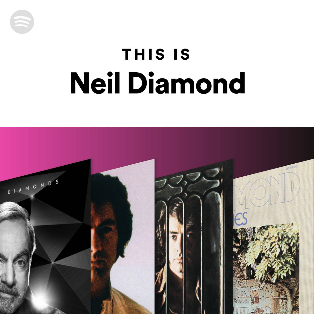尼爾·戴蒙德專輯 壁紙 — 一個Spotify播放清單封面，以Neil Diamond為特色，並在洋紅色漸變背景上展示他的四張專輯封面。