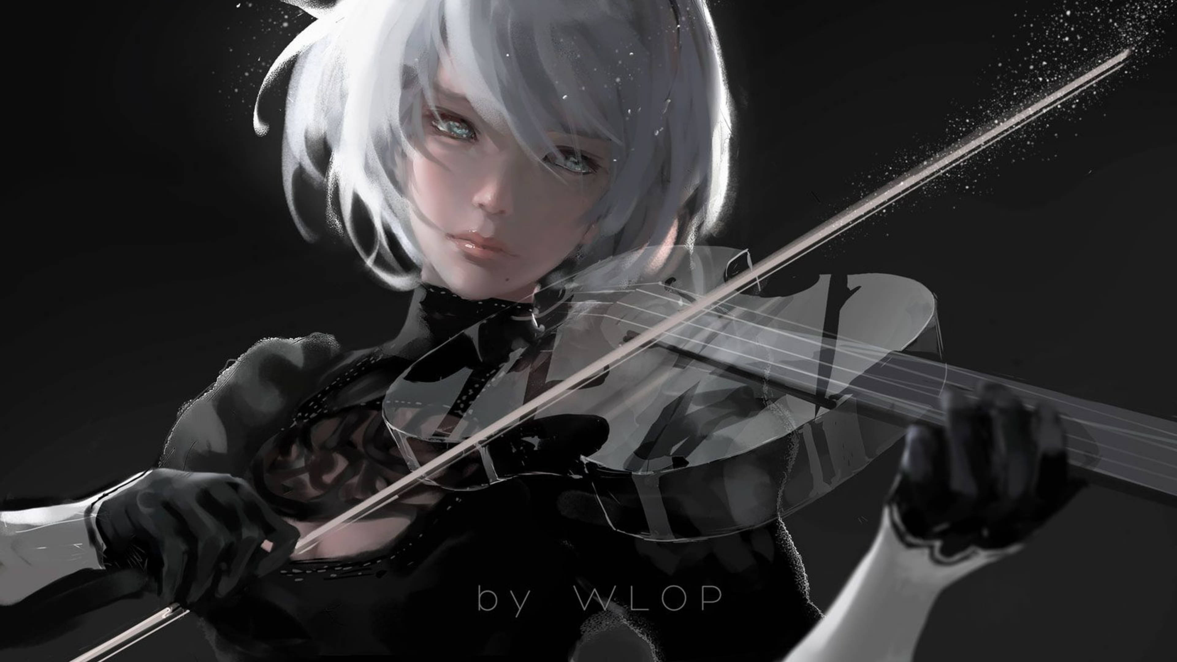 《尼爾：重製版》數位藝術 壁紙 — 一位銀髮動漫女孩身穿黑色服裝，在黑暗背景下專注地拉小提琴。
