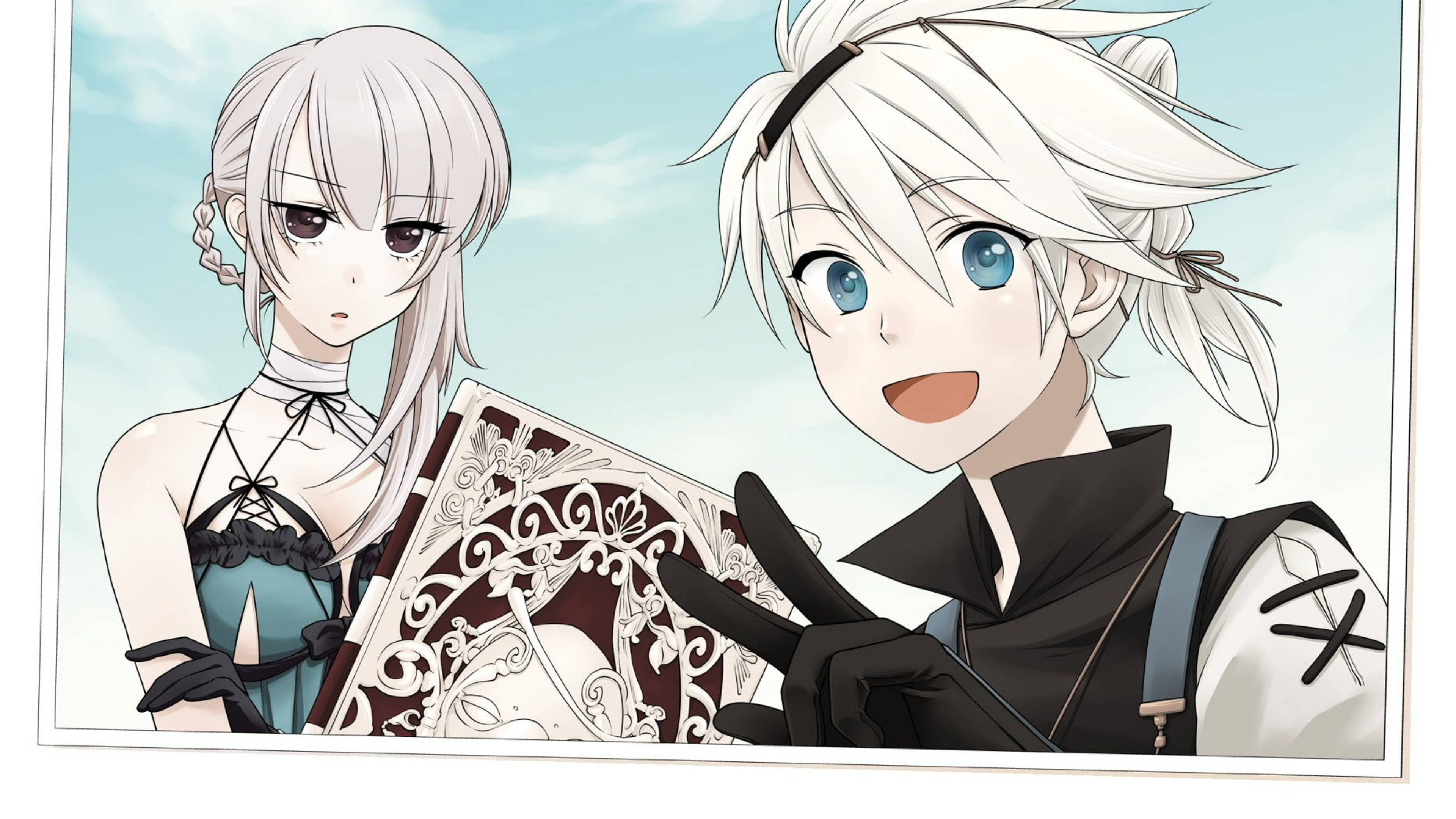 尼爾：重製版 遊戲時光 壁紙 — 兩個白髮動漫角色，一個微笑著拿著華麗的書，另一個在柔和天空背景下表情嚴肅。