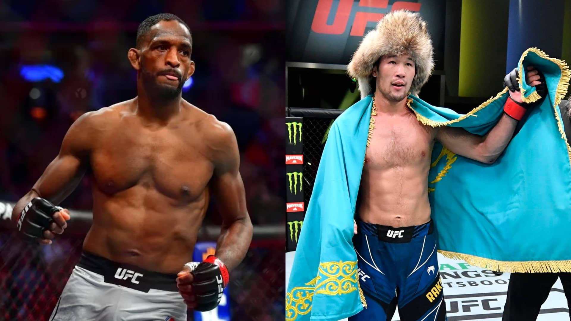 兩名男性MMA拳手在UFC八角籠中，一人戴著手套，另一人披著藍色旗幟，戴著毛帽。