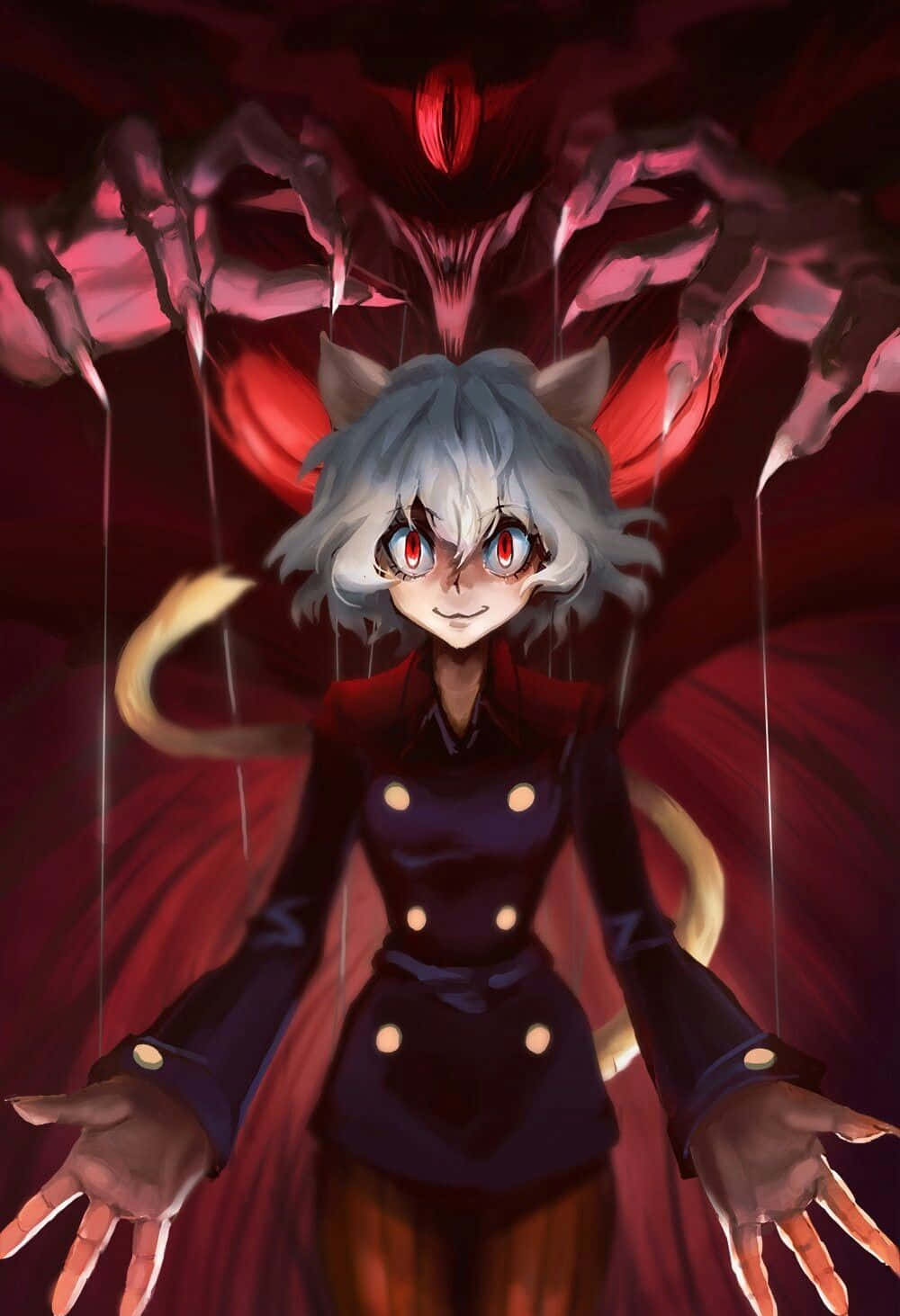 貓耳紅眼嘅動漫少女面對一個有爪嘅紅色惡魔實體。
