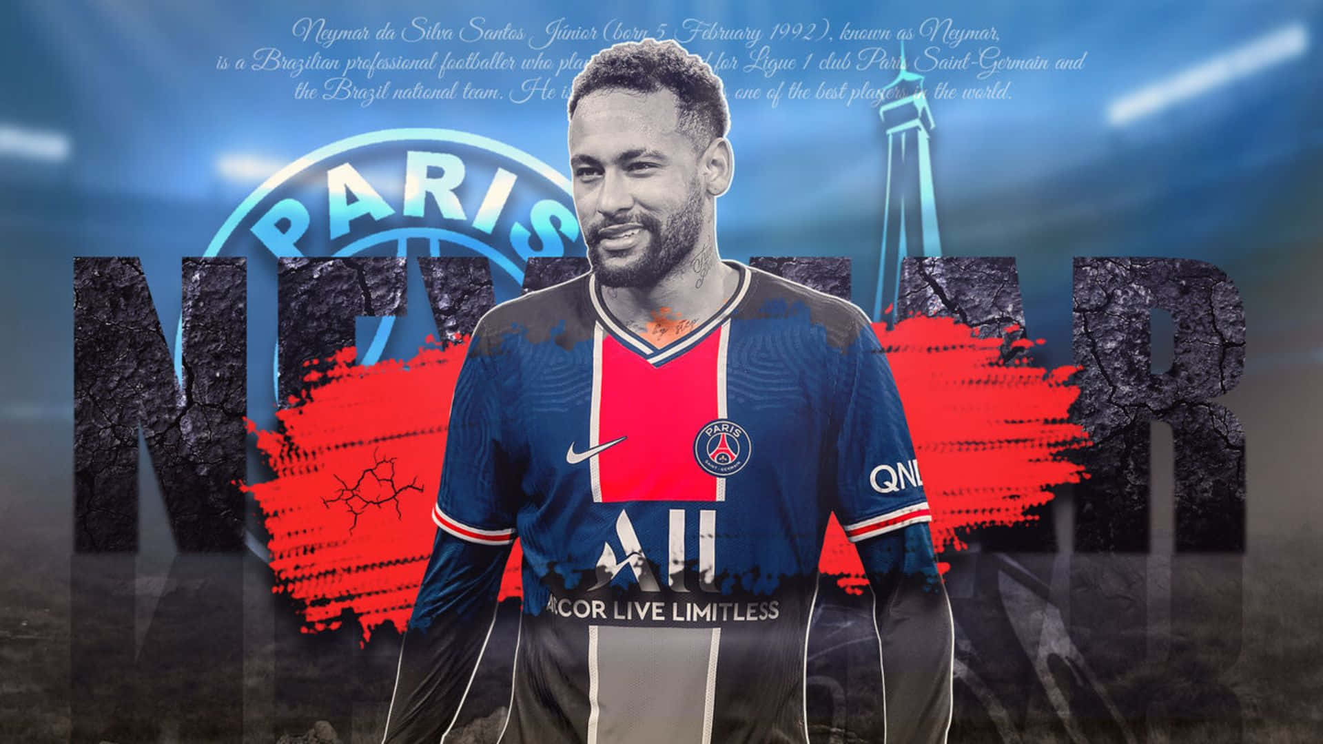 Neymar 桌布 壁紙 — 尼馬 Jr 身穿巴黎聖日耳曼球衣，自信地站在以艾菲爾鐵塔和粗體紅黑字體為特色的風格化背景前。