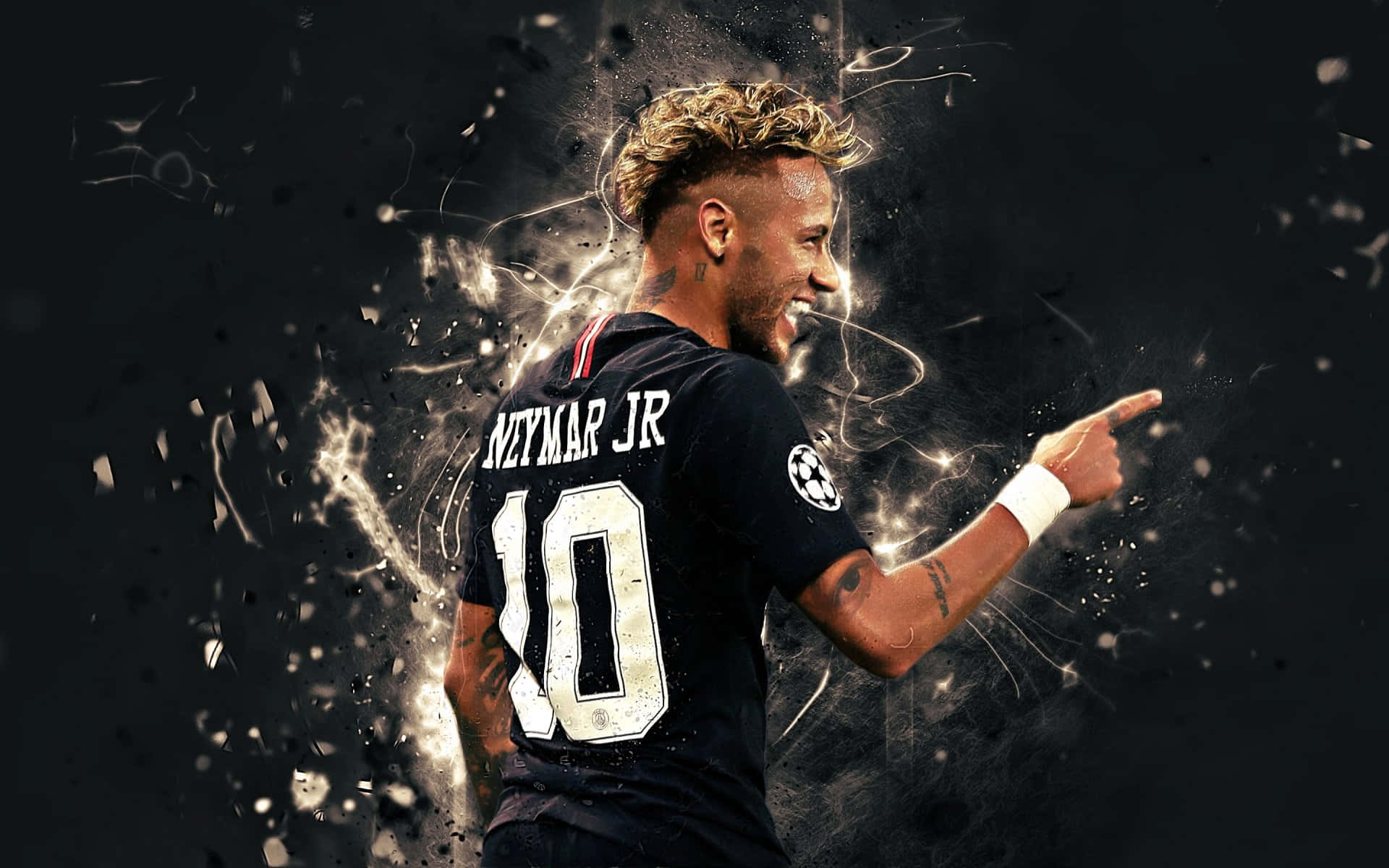 Neymar 桌布 壁紙 — 尼馬·祖利亞身穿黑色球衣，10號球衣向前指，周圍有發光的能量爆發在黑暗背景中爆炸。