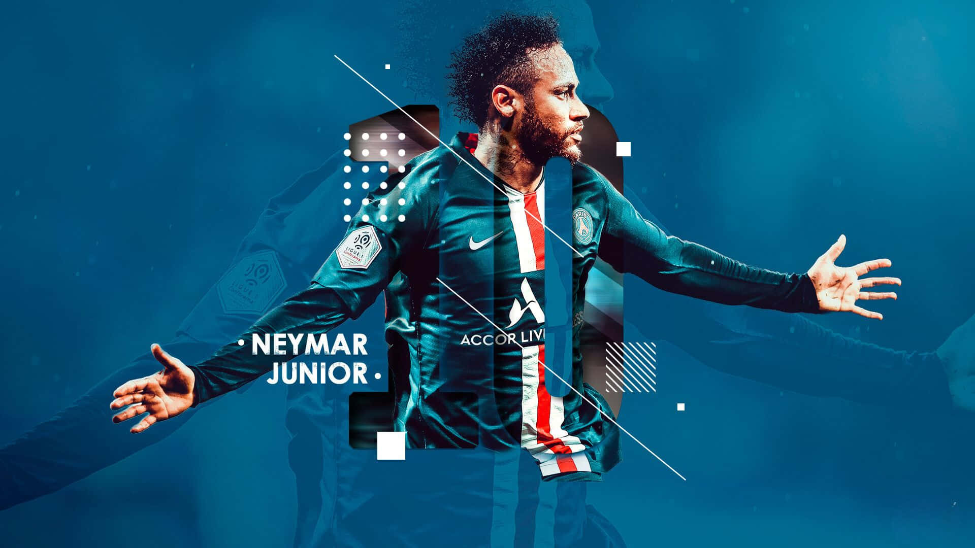 Neymar 桌布 壁紙 — 尼馬·祖尼亞身穿巴黎聖日耳曼球衣，在帶有幾何疊加的藍色抽象背景前動態擺姿勢。