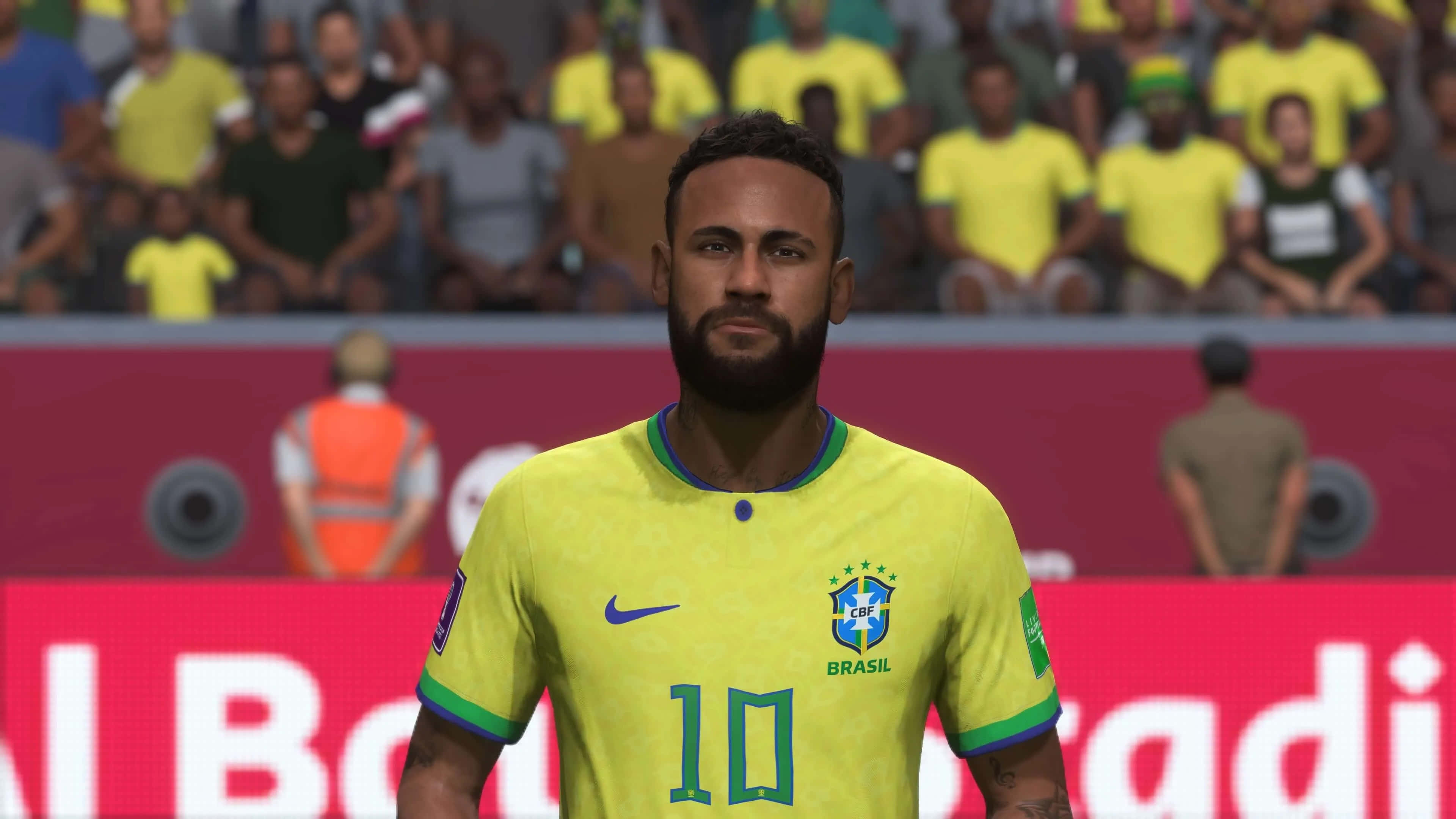 Neymar 桌布 壁紙 — 尼馬身穿巴西國家隊球衣站在足球場上的數位渲染圖，背景有球迷。