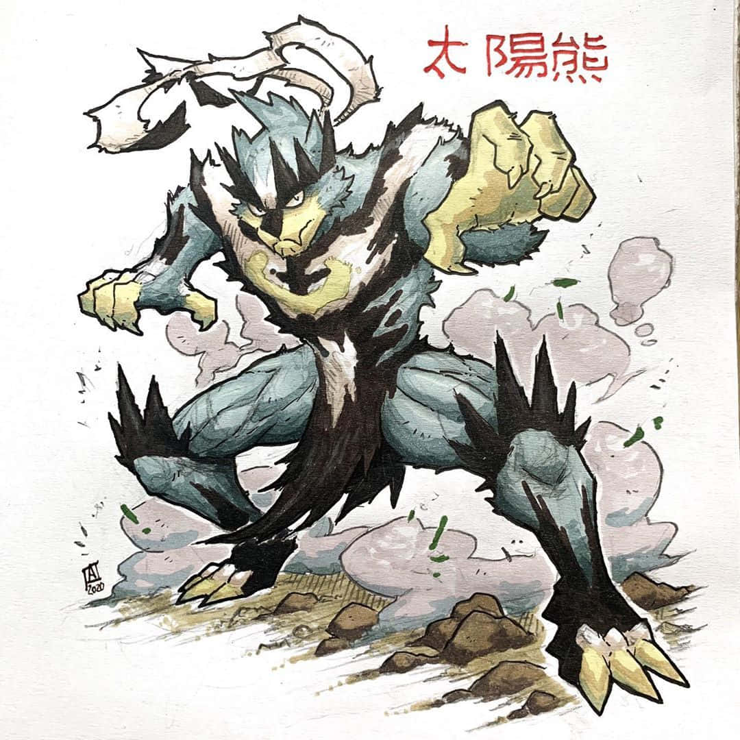 一隻風格化的兇猛熊狀生物，擁有藍色毛皮和黃色爪子，向前猛撲。