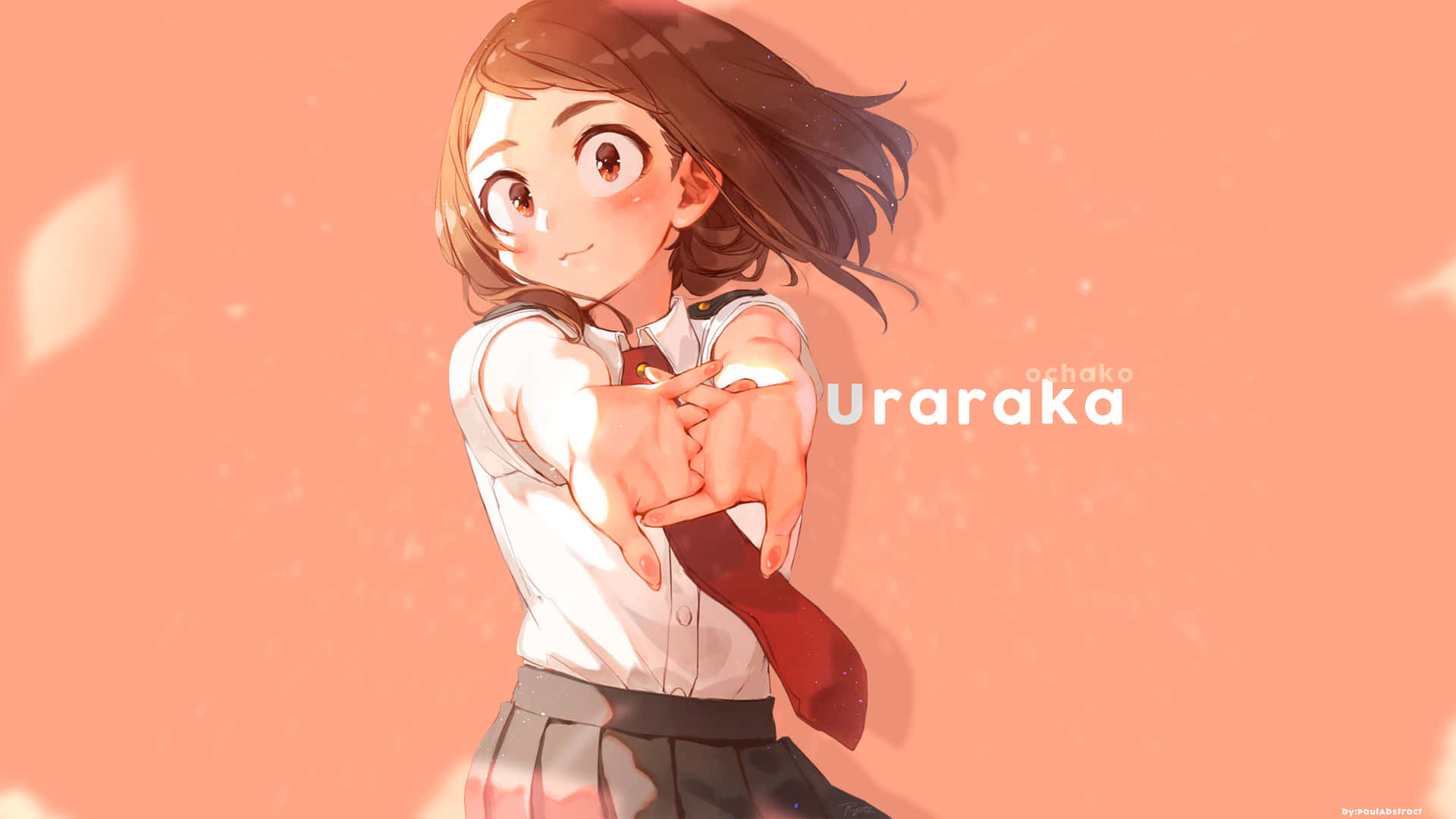 尿瀉卡風格校服 壁紙 — 一個穿著校服、開朗的動漫女孩，在柔和蜜桃色背景和飄浮樹葉的襯托下，俏皮地指向觀眾。