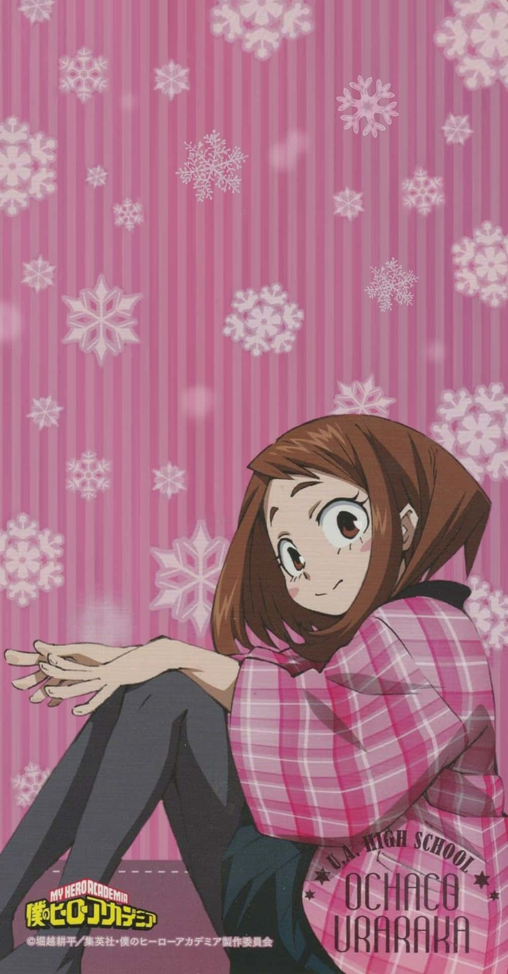 動漫角色 Ochaco Uraraka 坐在粉紅色背景上，帶有雪花