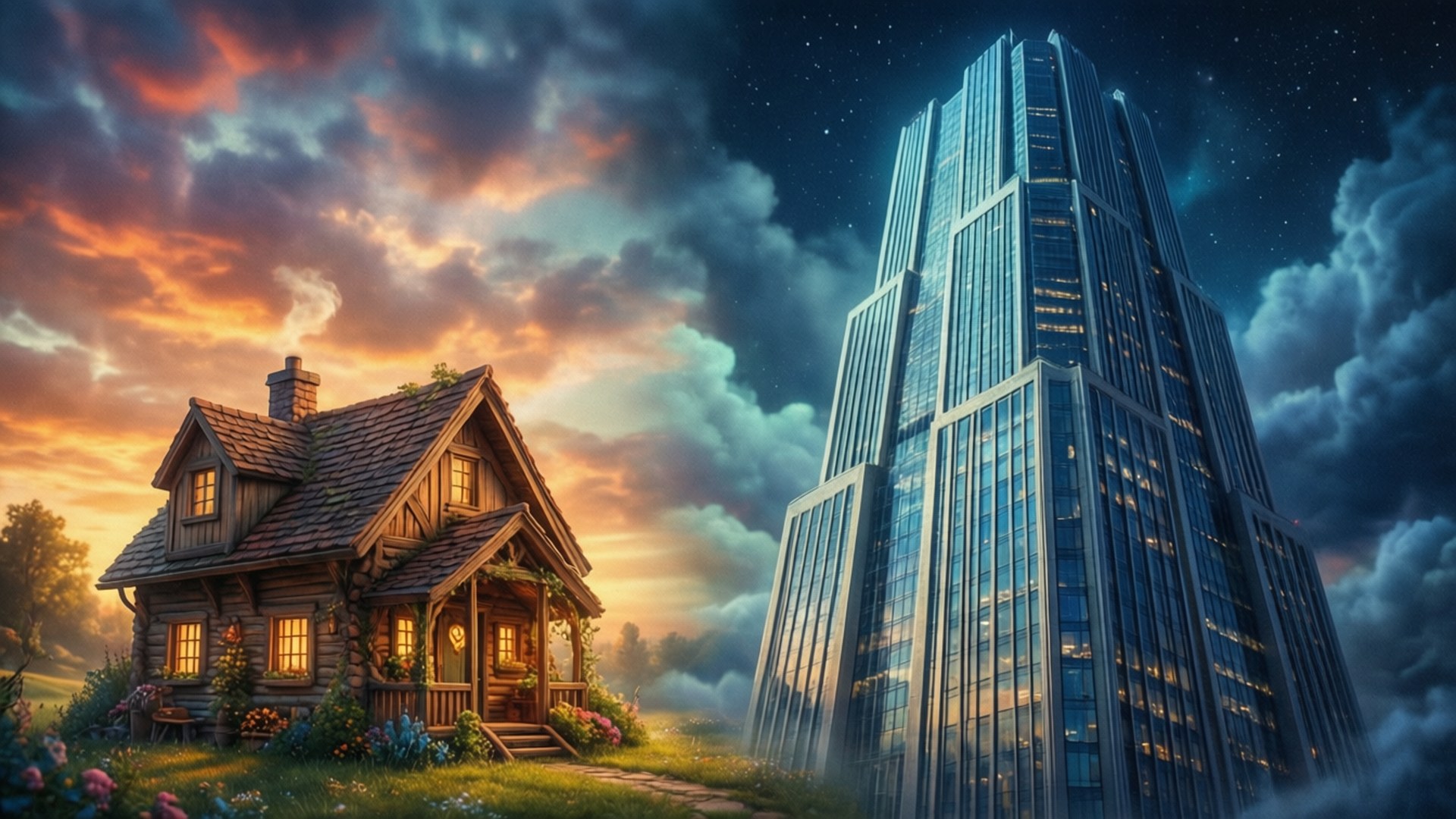 舒適小屋毗鄰現代摩天大樓，星空暮色天空