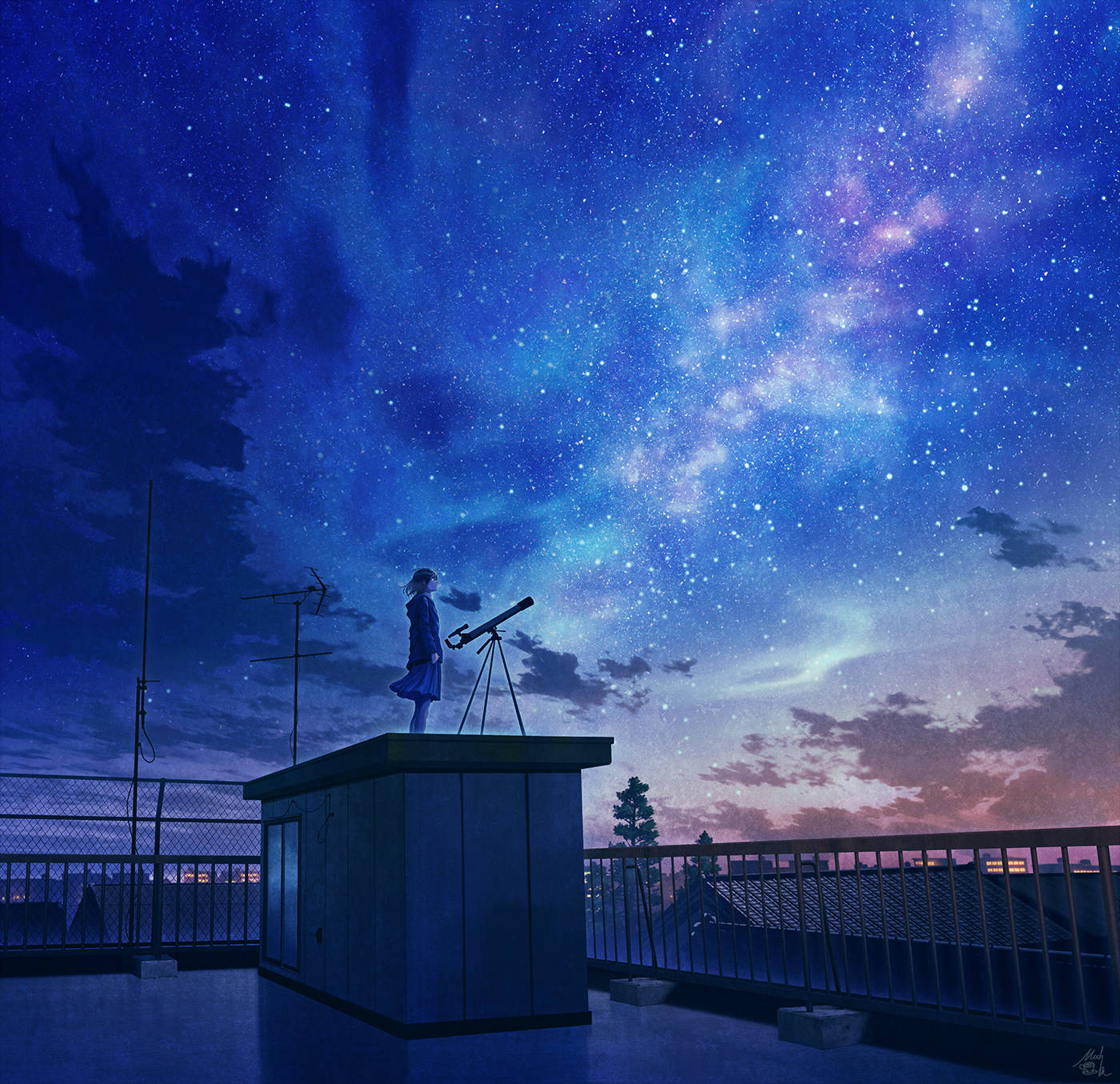 動畫女孩在屋頂上用望遠鏡觀看帶有星雲的星空。