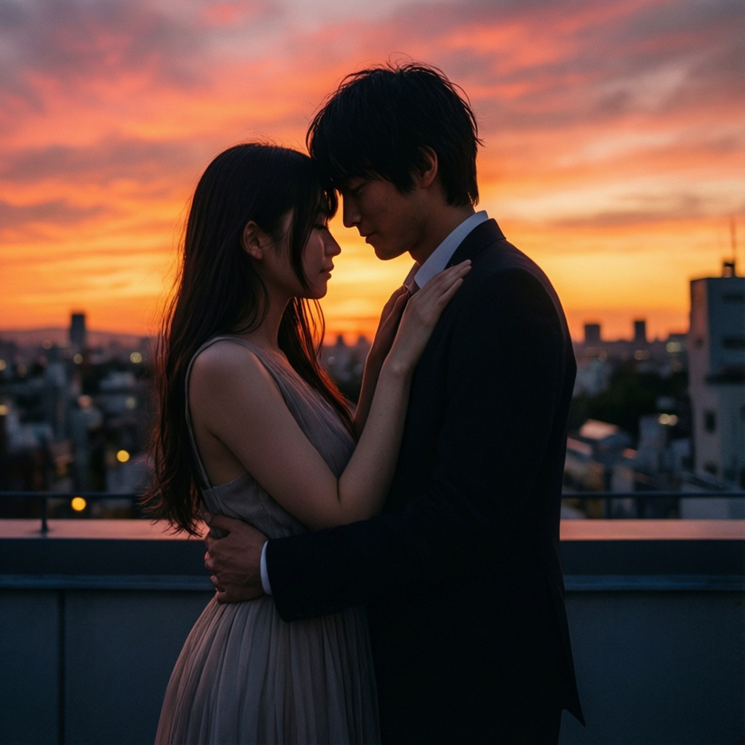 屋頂夕陽擁抱 壁紙 — 一對情侶在天台上溫柔擁抱，夕陽如火，將城市天際線染上溫暖色調。