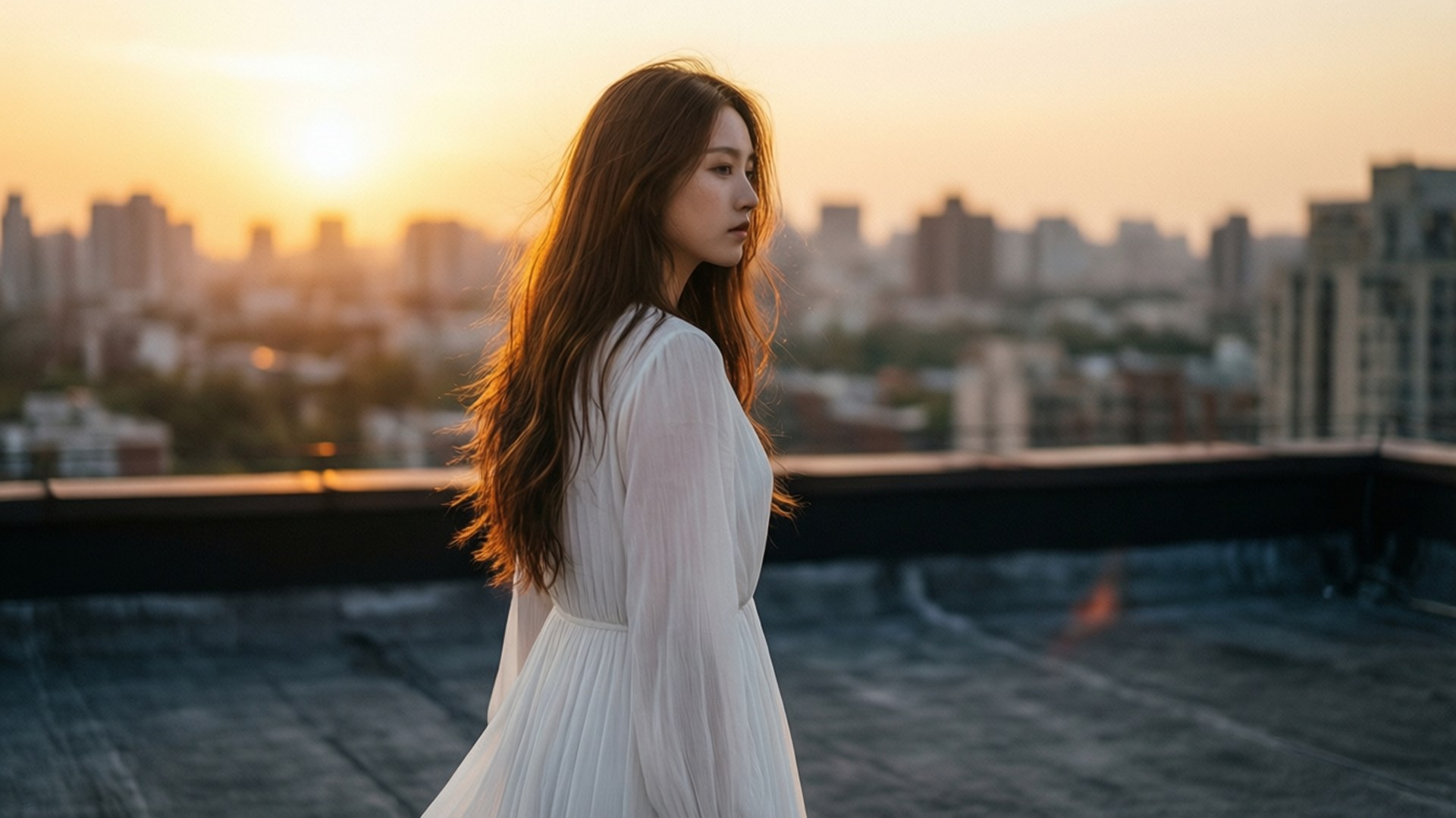 屋頂夕陽輝光 壁紙 — 一位身穿飄逸白色連衣裙的女性在日落時站在屋頂上，她的長髮捕捉著金色的光芒，凝視著模糊的城市天際線。