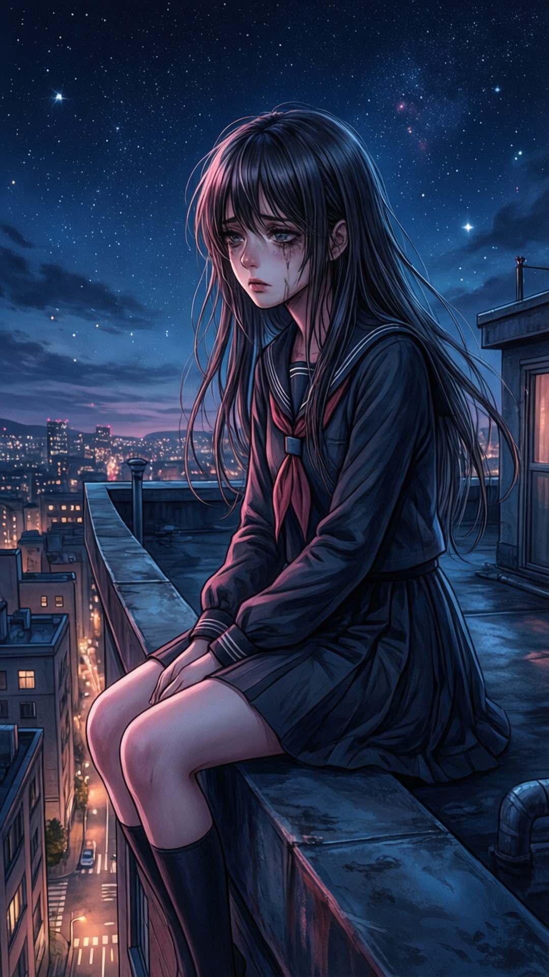 一個悲傷的動漫女孩穿著校服，晚上坐在屋頂上，俯瞰著城市，頭頂有星星。