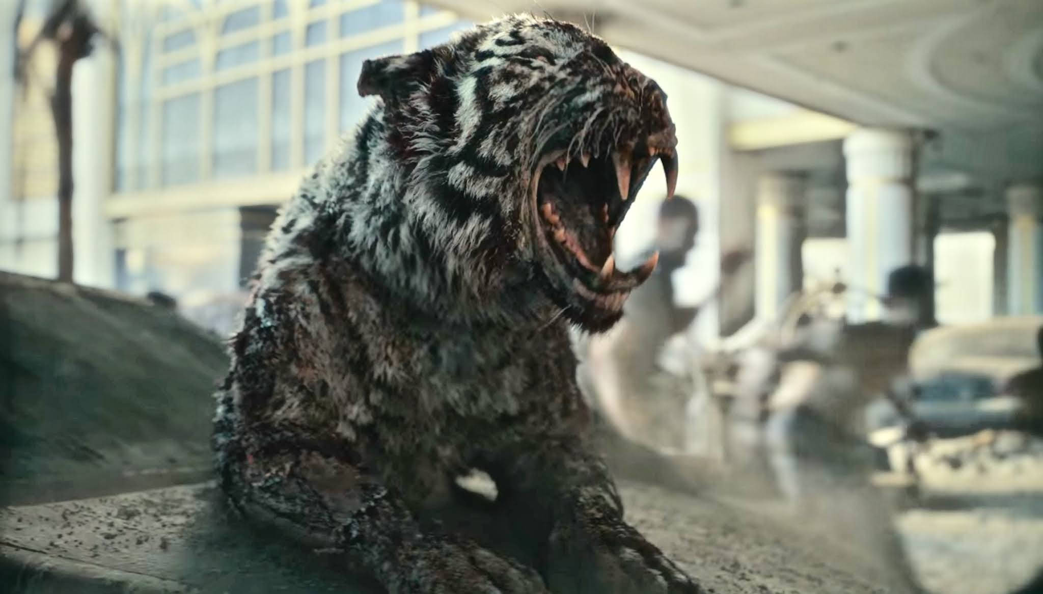 《屍戰亡靈》猛虎殭屍 —— 驚悚場景 壁紙 — 一隻凶猛、滿身泥濘的老虎在一個破爛的城市環境中，露出牙齒咆哮，周圍是破碎的玻璃和瓦礫。