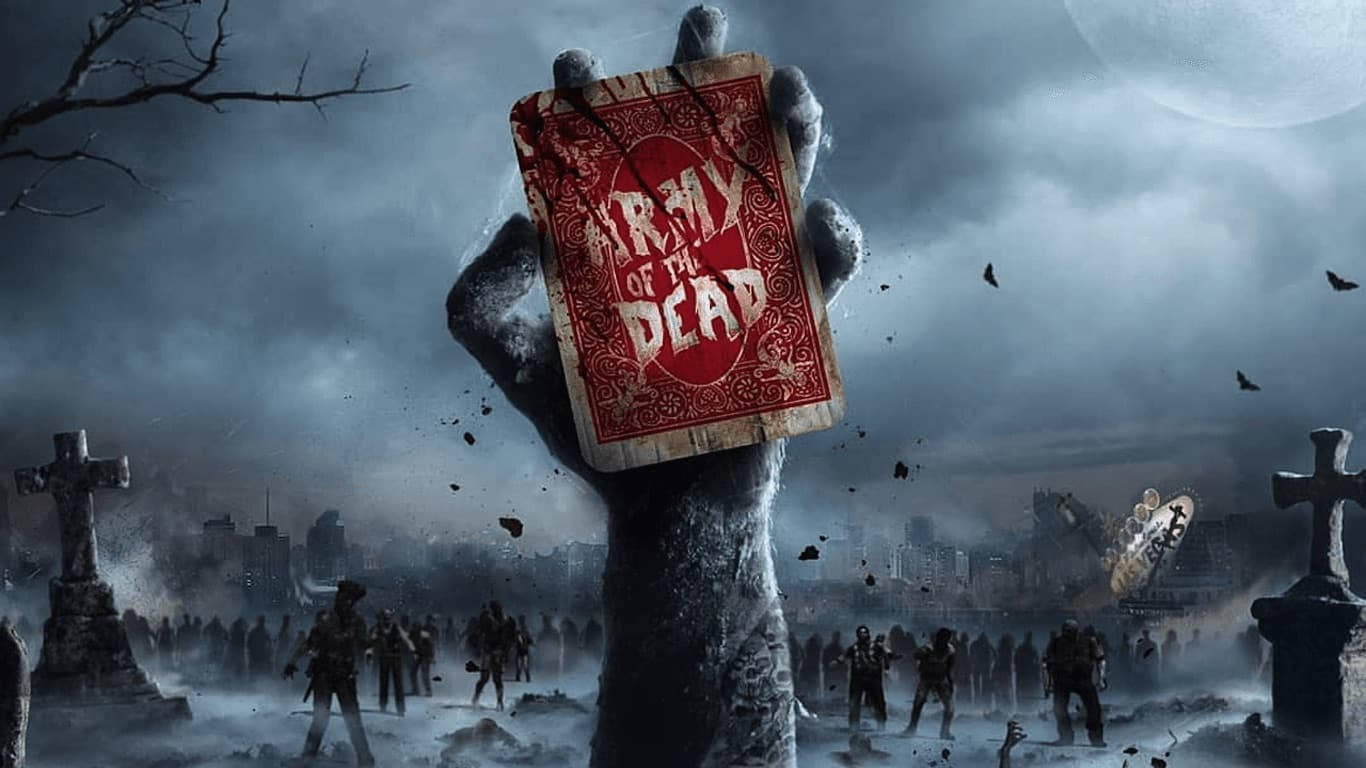 《屍戰亡靈》粉絲藝術 壁紙 — 一隻喪屍手從墓地升起，拿著一張「Army of the Dead」撲克牌，背景是暴風雨的天空和廢墟城市。