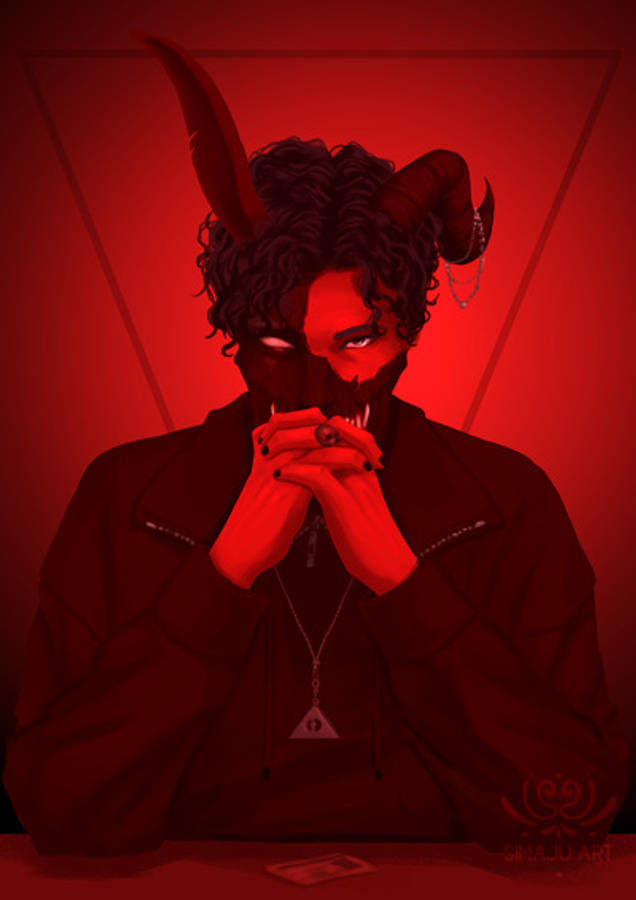 屍體丈夫紅色粉絲藝術 壁紙 — 一個有角和發光眼睛的惡魔般的人物坐在紅光照亮的房間裡，雙手合十，姿勢像祈禱。