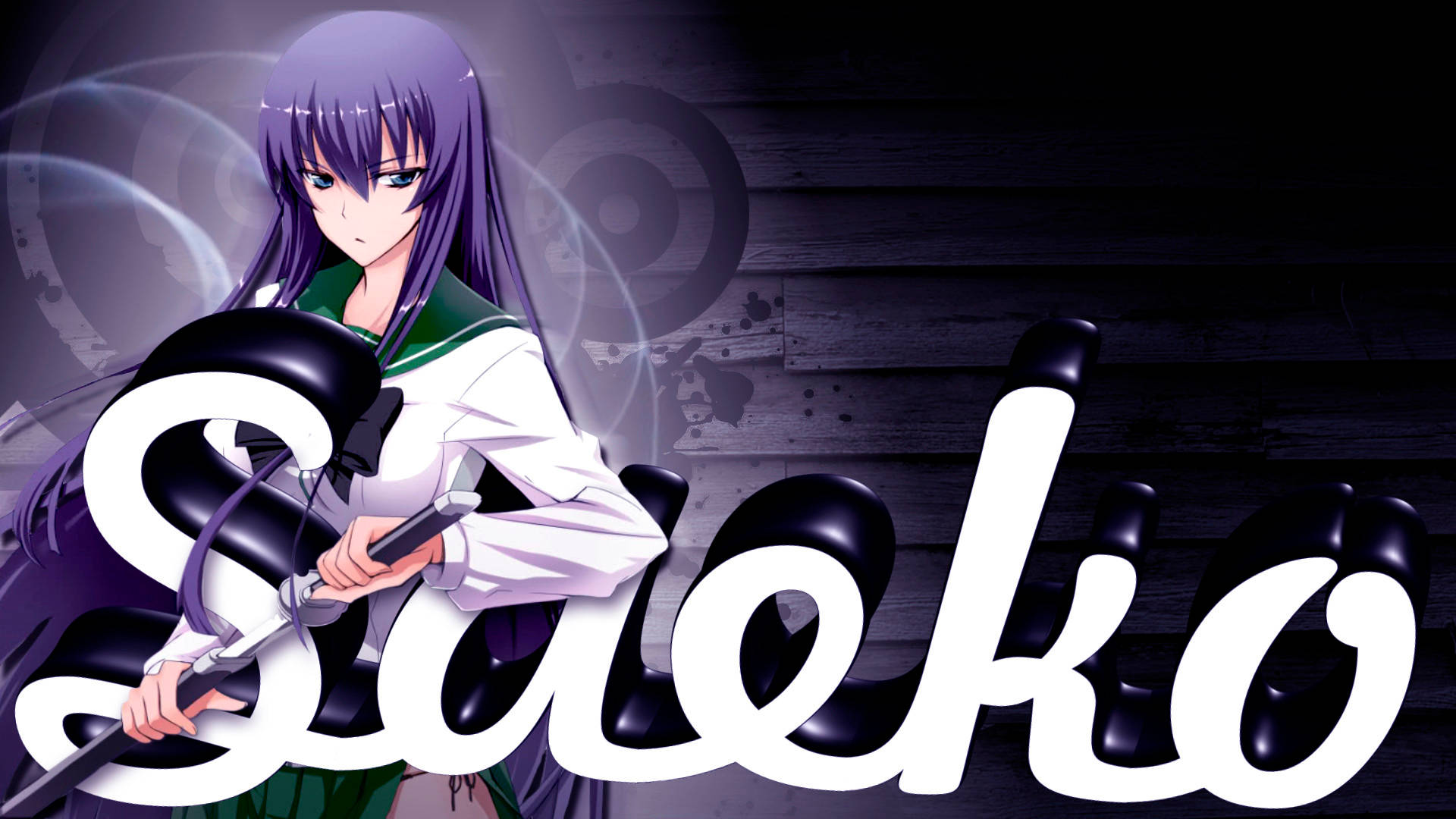 紫髮動漫女孩在深色木頭上，於風格化名字 Saeko 後方持劍。