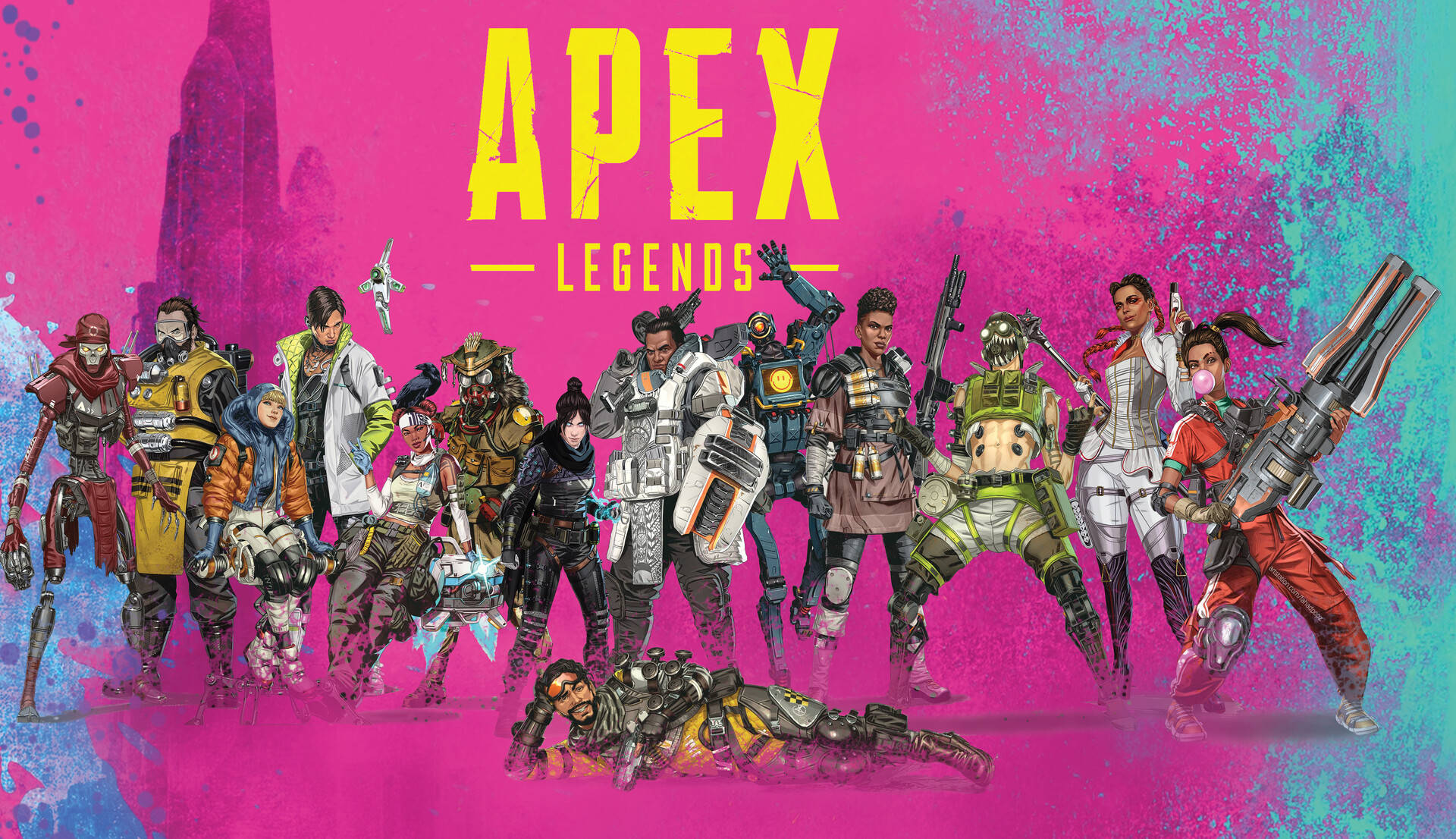 Apex Legends角色穿著色彩繽紛的裝甲，在粉紅色和藍綠色背景下手持武器擺姿勢。