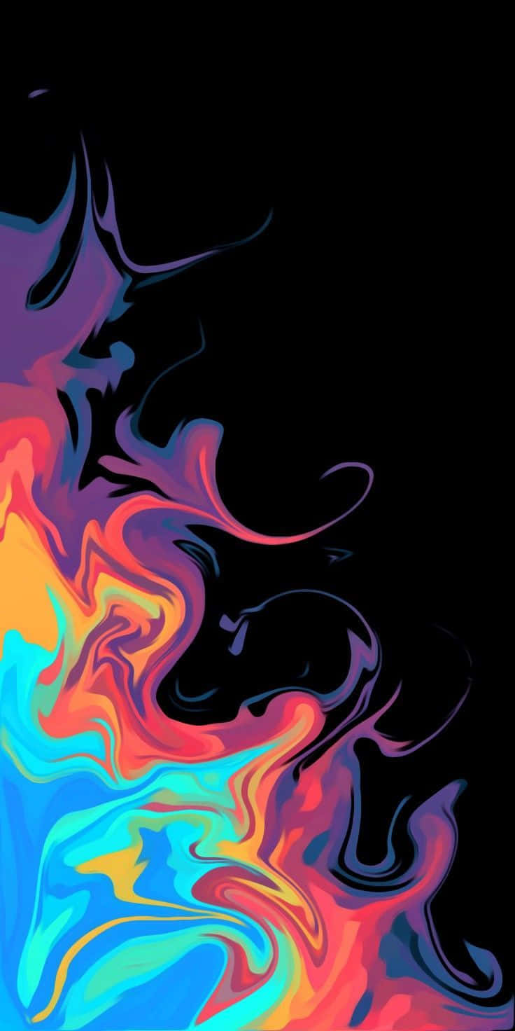展現 iPhone 的時尚設計 壁紙 — 鮮豔的霓虹色彩在純黑背景上動態流動，形成流暢的抽象構圖。