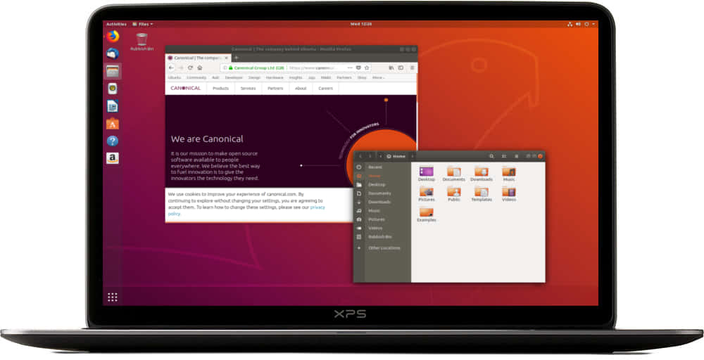 筆記型電腦顯示 Ubuntu 桌面，瀏覽器和檔案管理員已開啟。
