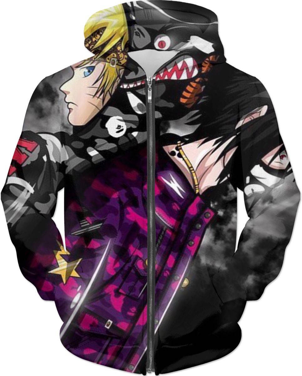 展現Naruto Drip設計的服裝 壁紙 — 一件佈滿動漫角色的連帽衛衣，帶有醒目的紫色、粉紅色和黑色圖案，背景為煙灰色。