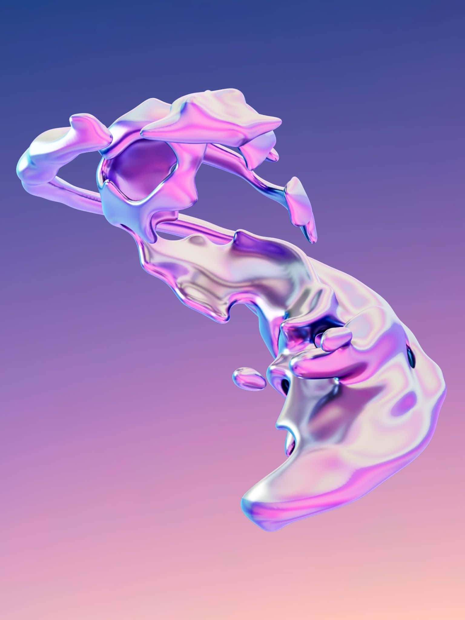 展現你最酷的一面 壁紙 — 一件流動的金屬紫色和粉紅色抽象雕塑漂浮在漸變天空背景上。