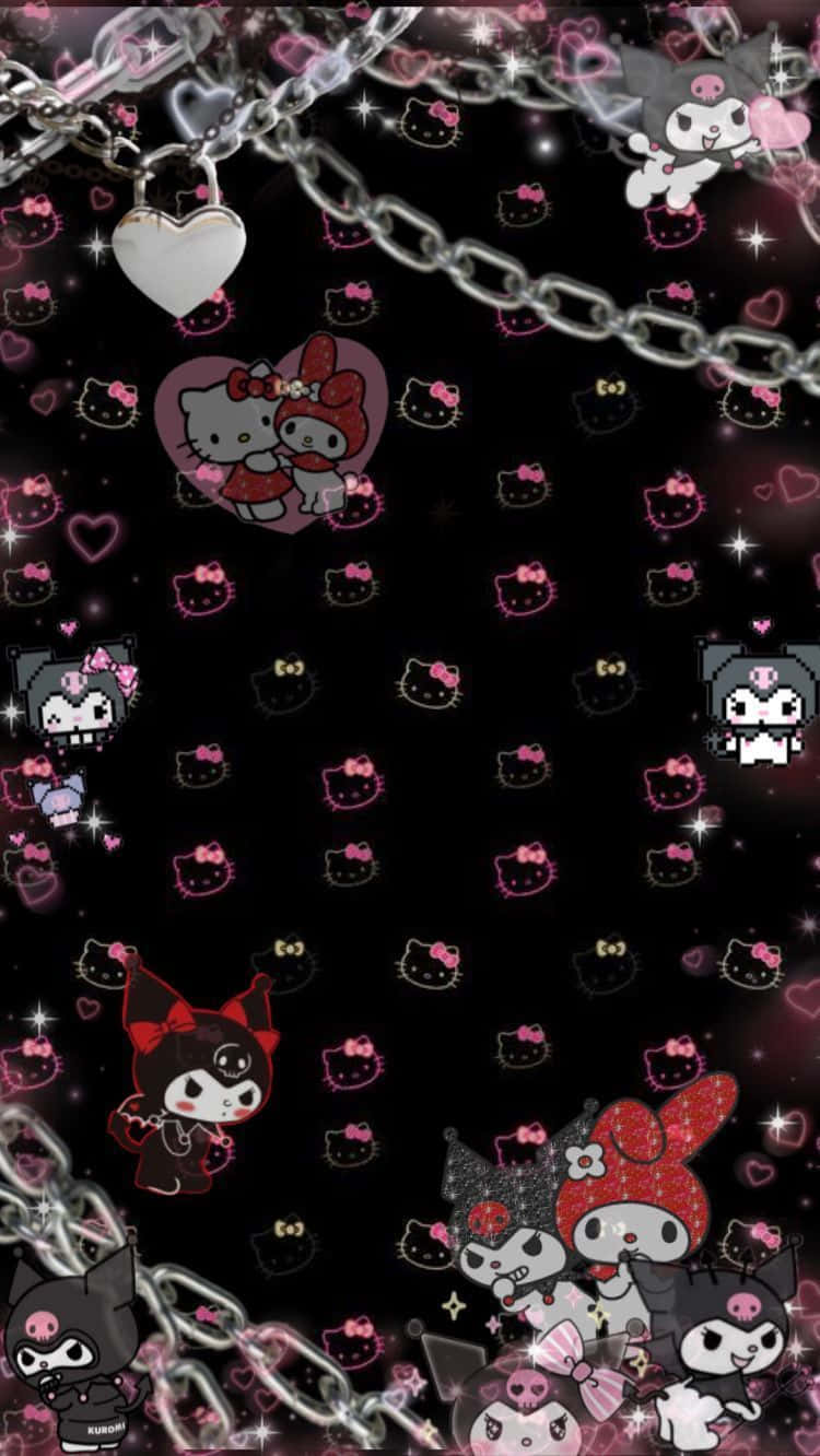 Hello Kitty和Kuromi角色在黑色背景上帶有粉紅色閃光和銀色鏈條。