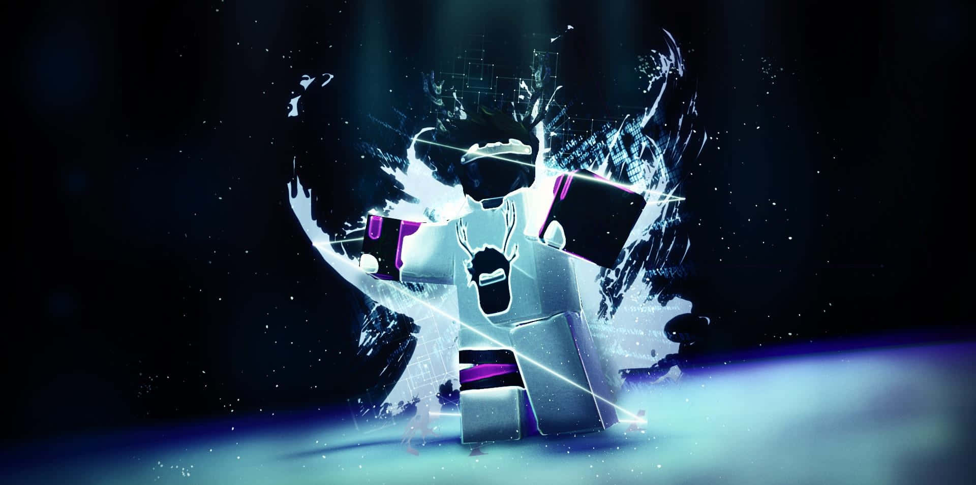 Roblox 頭像在數位粒子爆炸中發出紫色光芒。