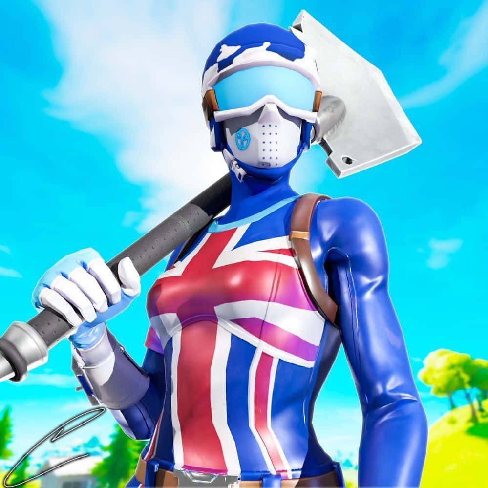 Fortnite角色穿著英國國旗服裝在晴朗天空下拿著鎬子