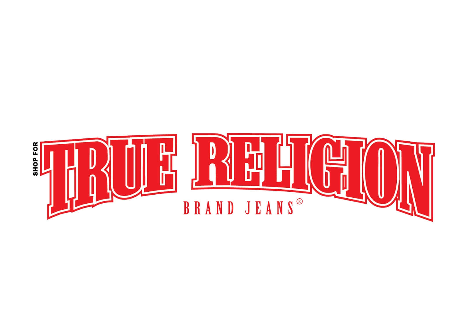 帶有白色輪廓的紅色 True Religion 品牌牛仔褲標誌