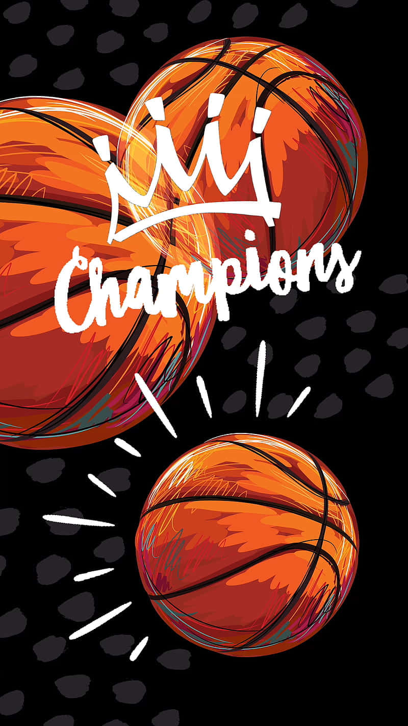 展現你的冠軍熱情 壁紙 — 充滿活力的插圖籃球，帶有「Champions」文字在深色斑點背景上發光。