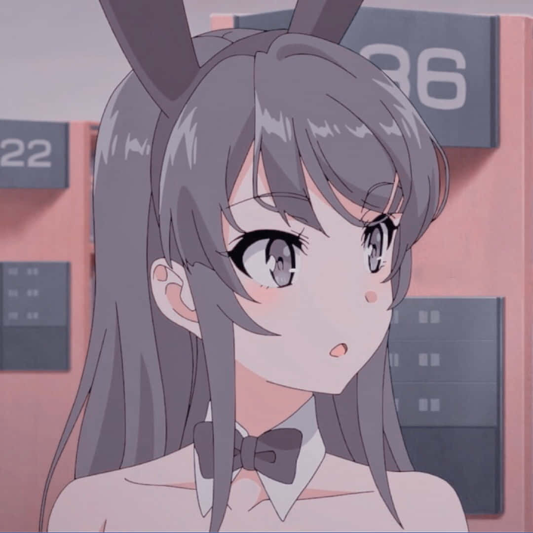 展現你的動漫熱愛 壁紙 — 一個驚訝的動漫女孩，灰色頭髮和兔耳，戴著蝴蝶結，背景是帶有數字標誌的粉紅色牆壁。